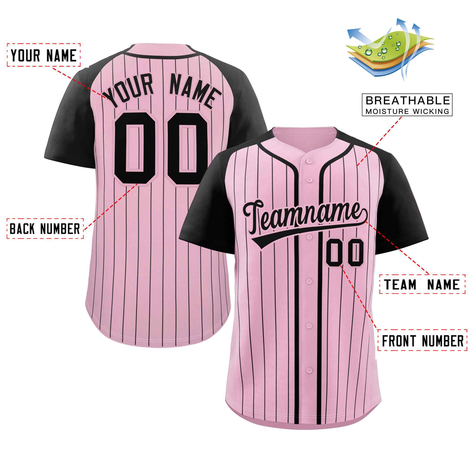 Custom Pink Black Stripe Fashion Raglan Sleeves Authentic Baseball Jersey