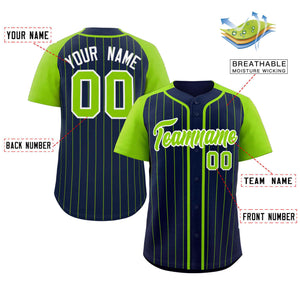 Custom Navy Neon Green-White Stripe Fashion Raglan Sleeves Authentic Baseball Jersey