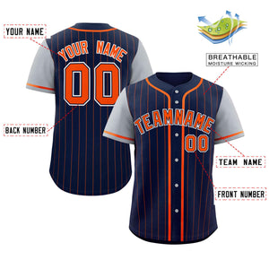 Custom Navy Gray-Orange Stripe Fashion Raglan Sleeves Authentic Baseball Jersey