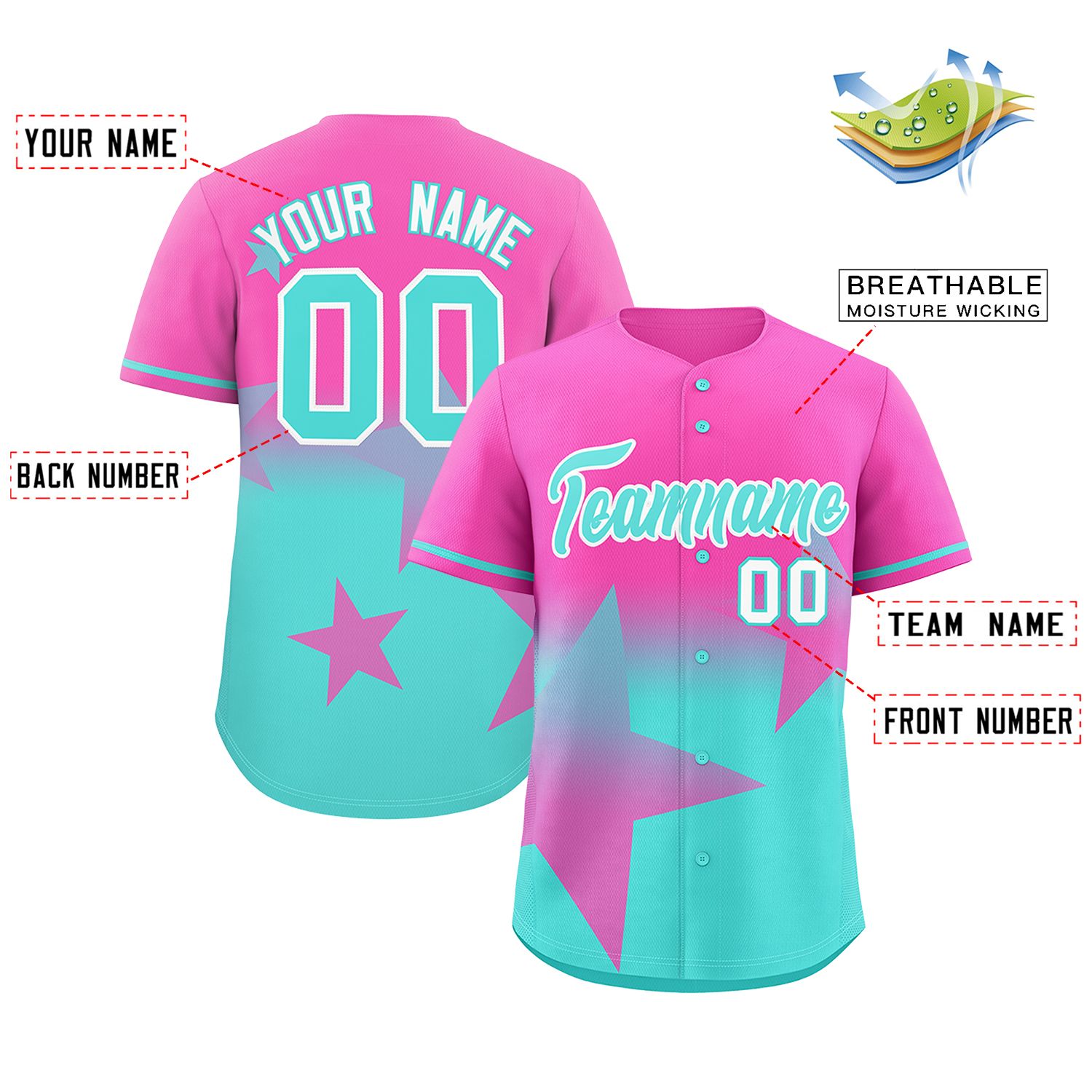 Custom Pink Aqua Gradient Star Graffiti Pattern Authentic Baseball Jersey