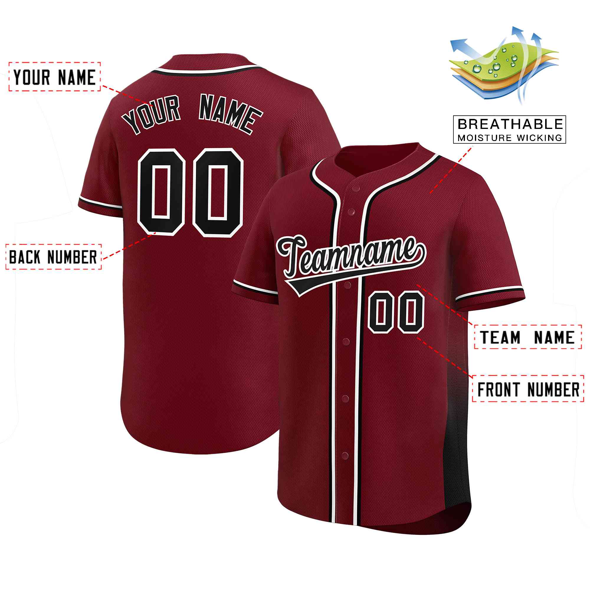 Custom Crimson Black Personalized Gradient Side Design Authentic Baseball Jersey