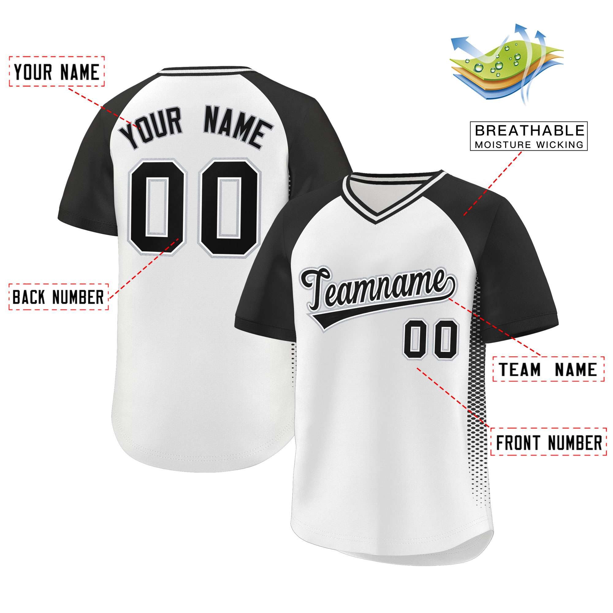 Custom White Black Raglan Sleeves Side Spot Authentic Pullover Baseball Jersey