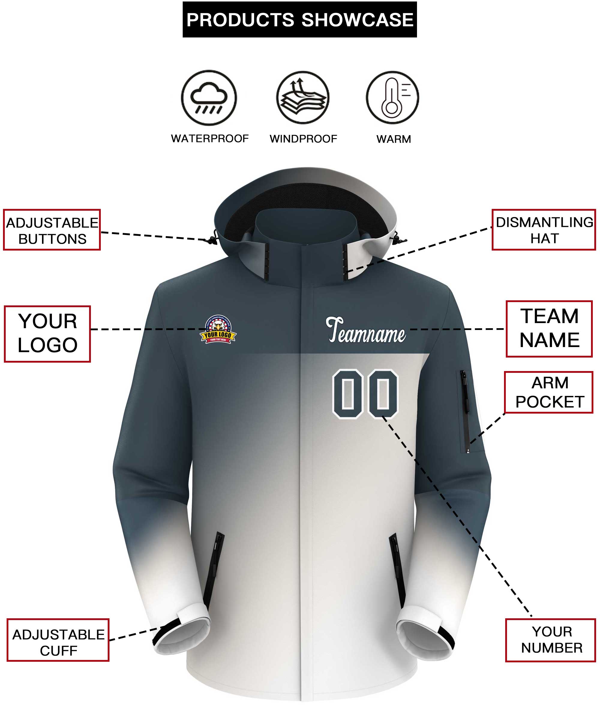Custom Dark Gray White Gradient Fashion Personalized Outdoor Hooded Waterproof Jacket