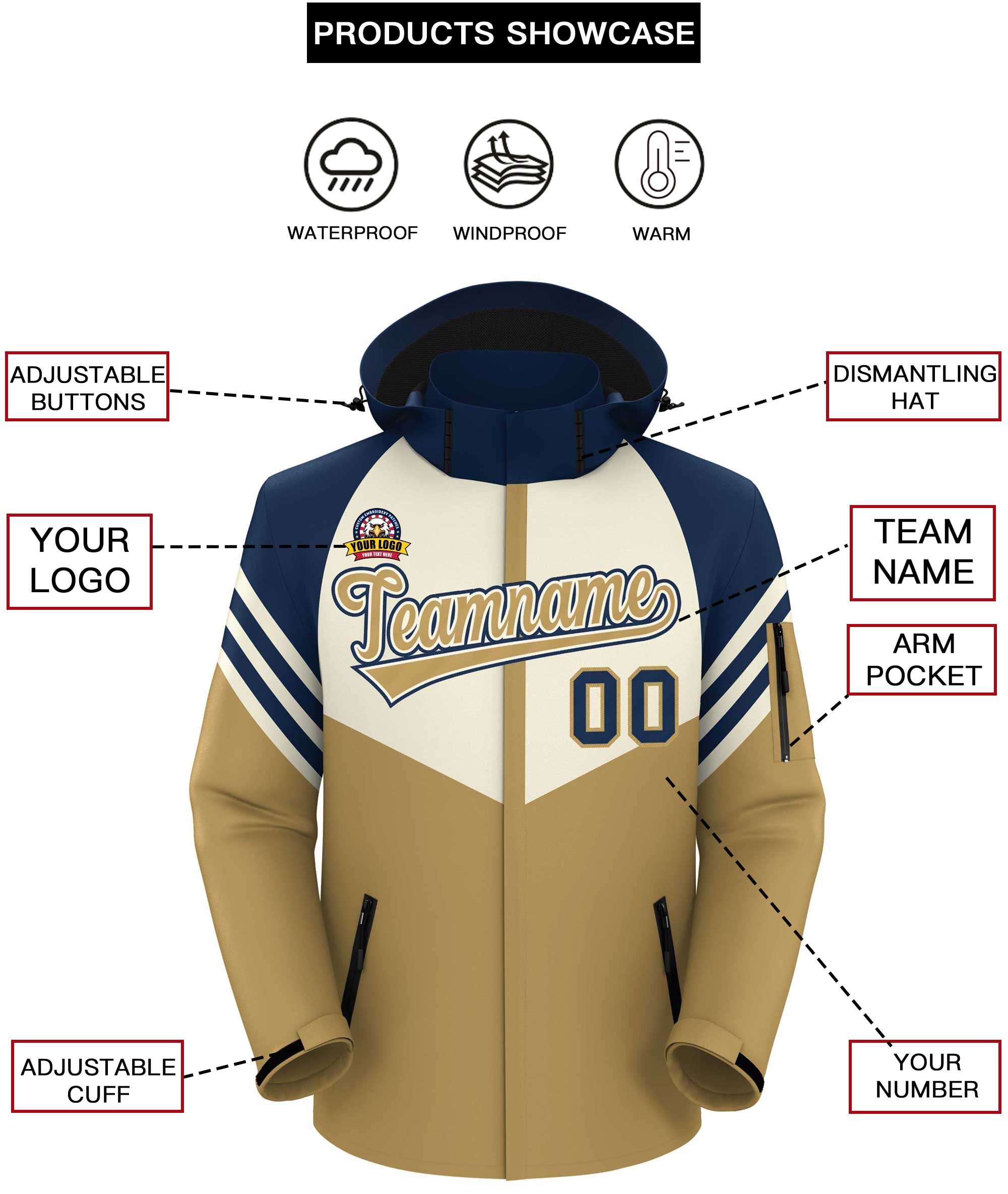Custom Cream Old Gold-Navy Color Block Personalized Outdoor Hooded Waterproof Jacket