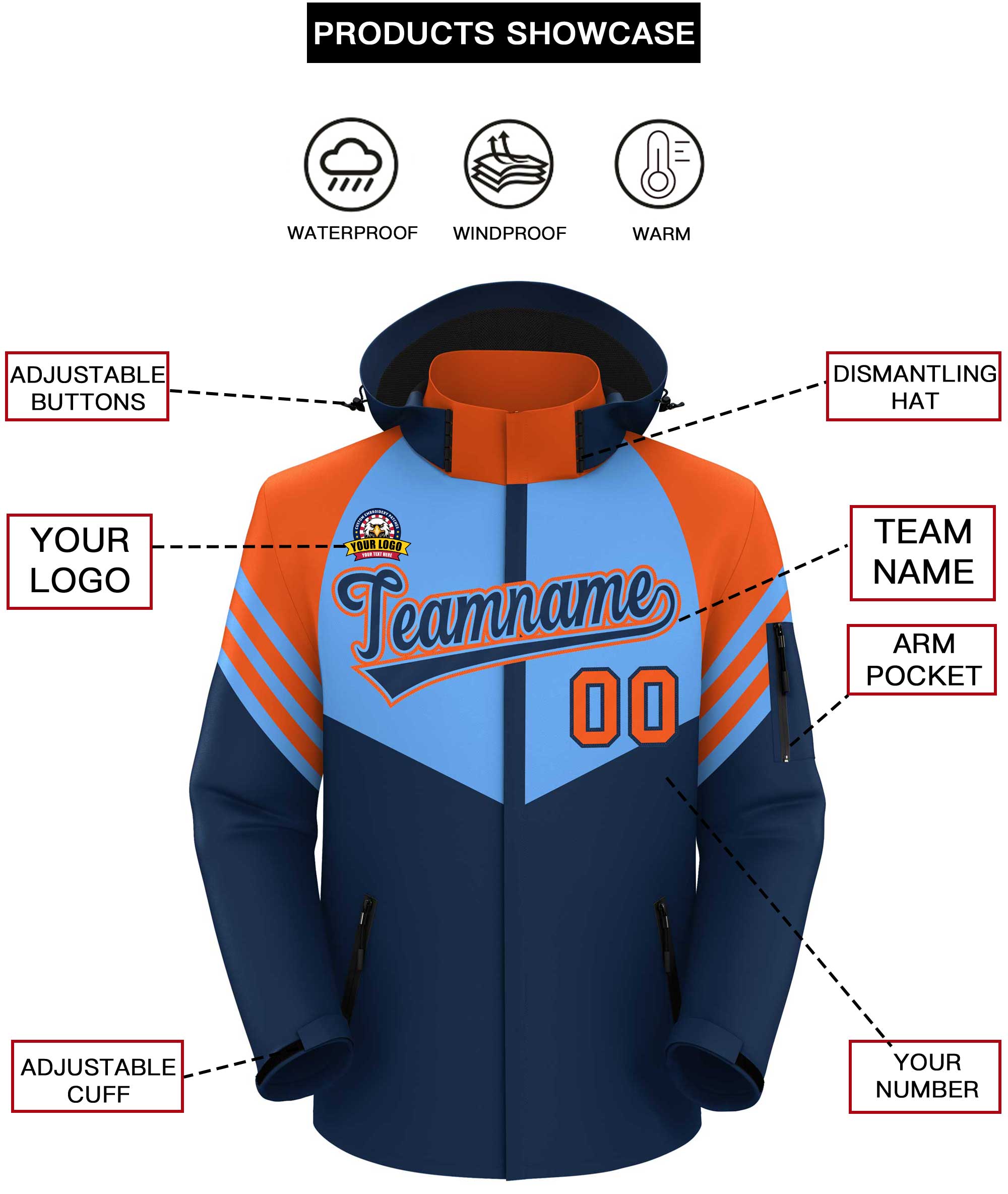 Custom Powder Blue Navy-Orange Color Block Personalized Outdoor Hooded Waterproof Jacket