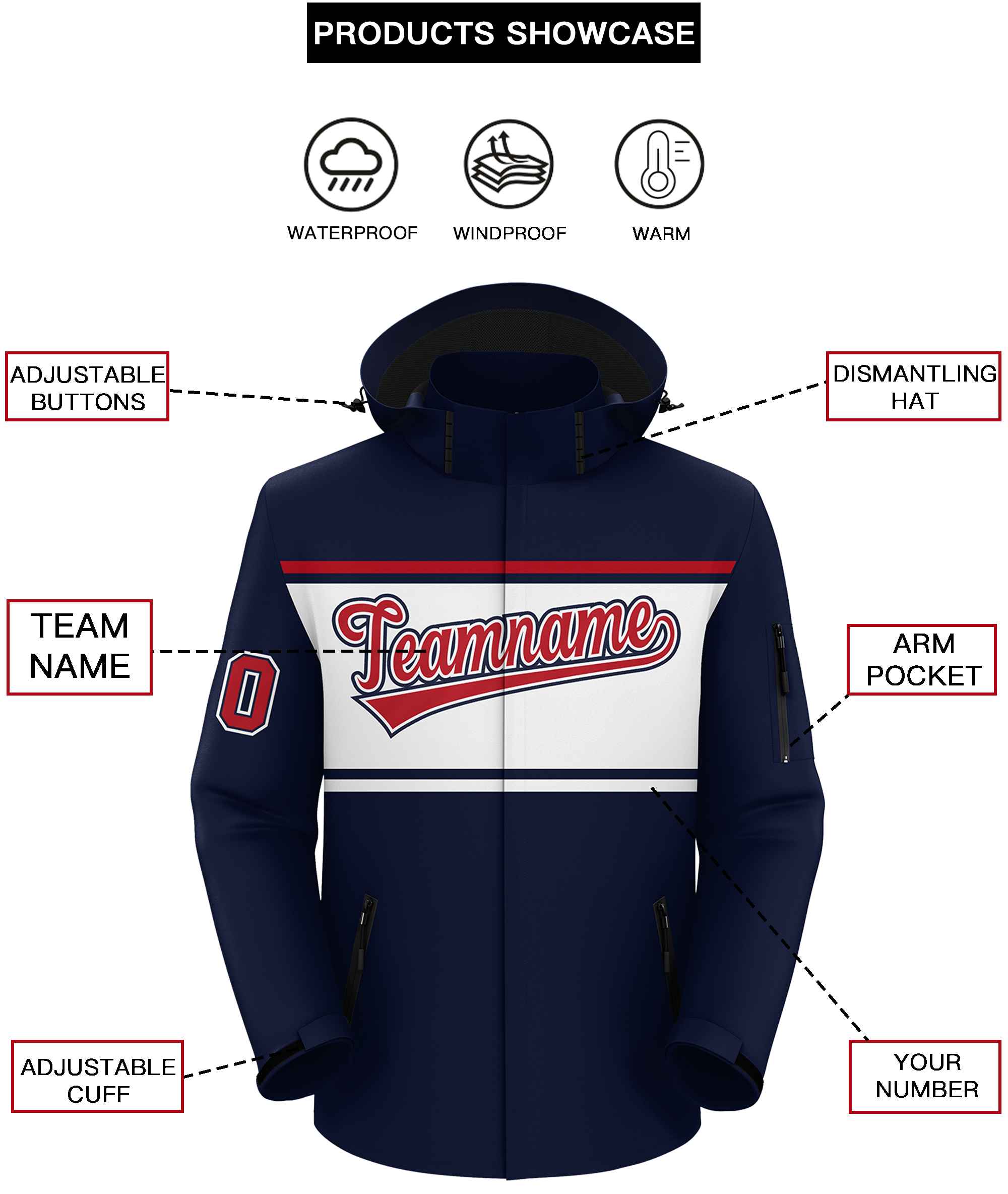 Custom Navy Red-White Color Block Personalized Outdoor Hooded Waterproof Jacket