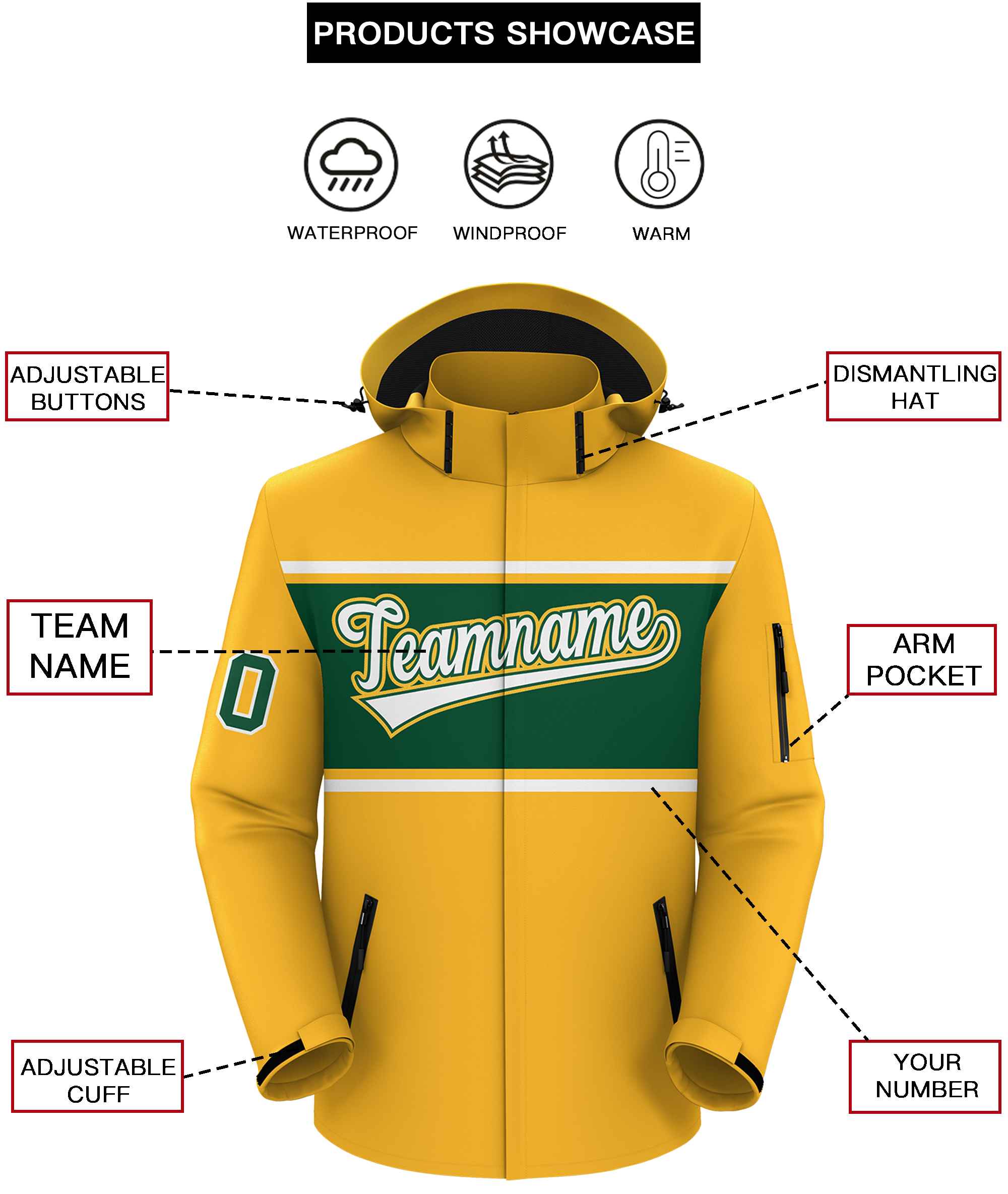 Custom Gold White-Green Color Block Personalized Outdoor Hooded Waterproof Jacket