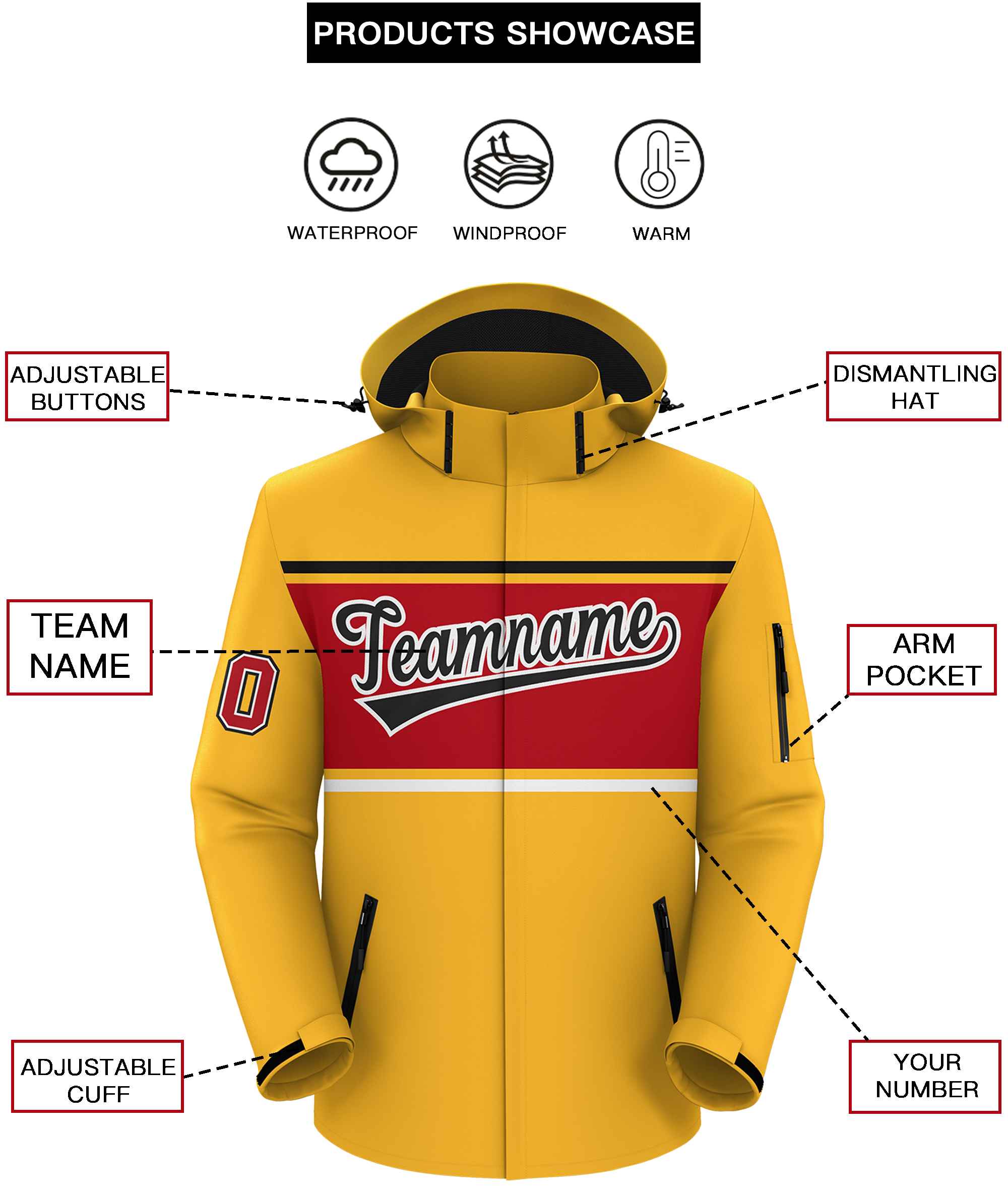 Custom Gold Black-Red Color Block Personalized Outdoor Hooded Waterproof Jacket