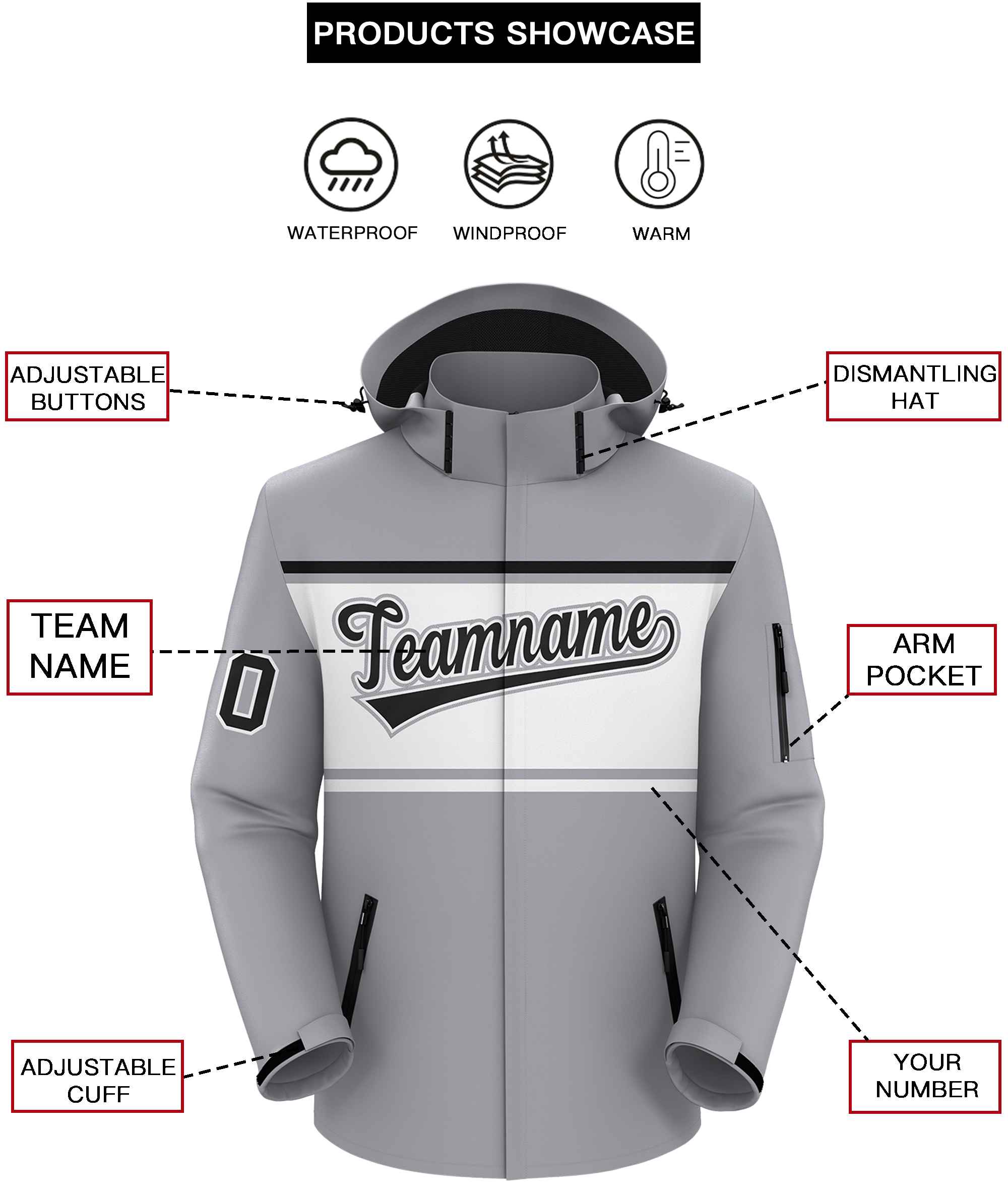 Custom Gray Black-White Color Block Personalized Outdoor Hooded Waterproof Jacket
