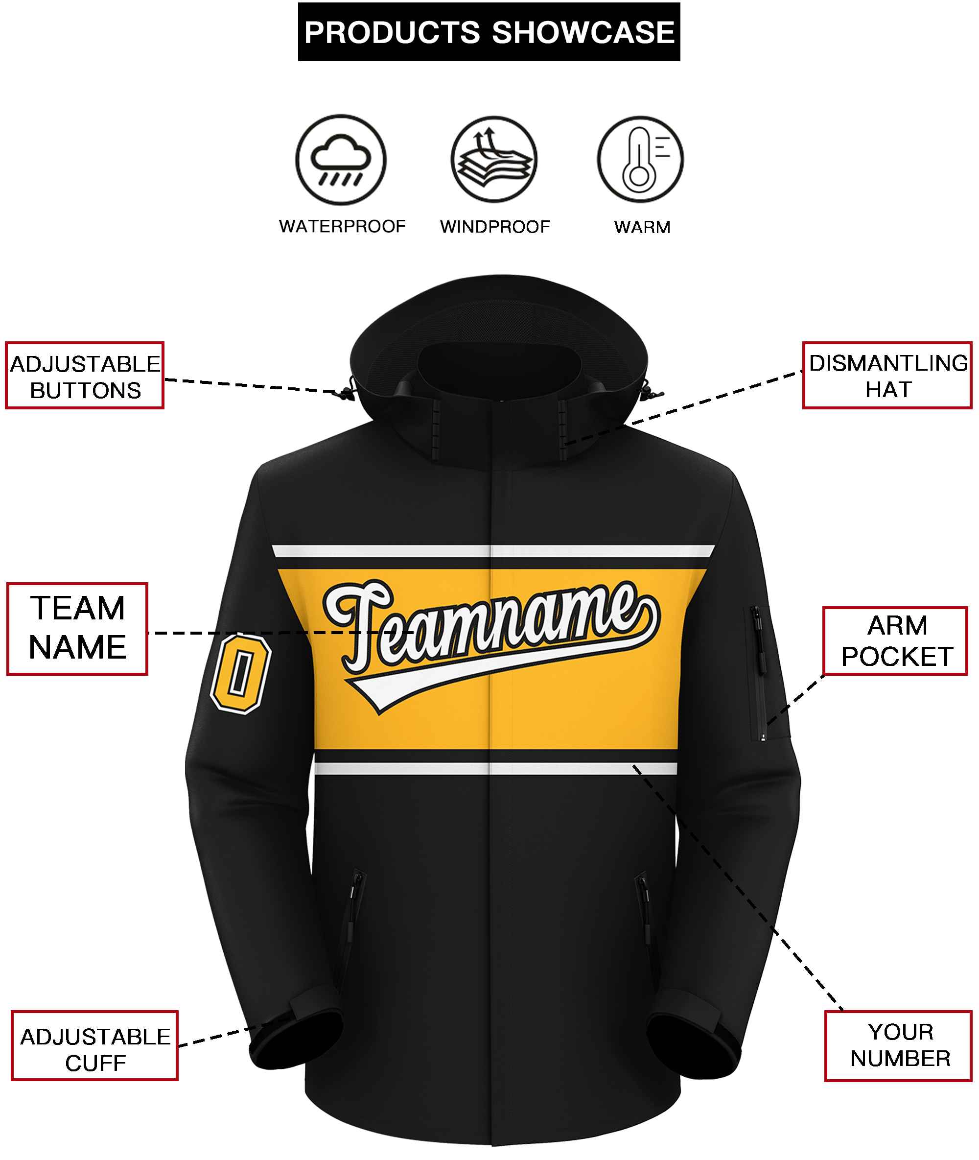 Custom Black White-Gold Color Block Personalized Outdoor Hooded Waterproof Jacket