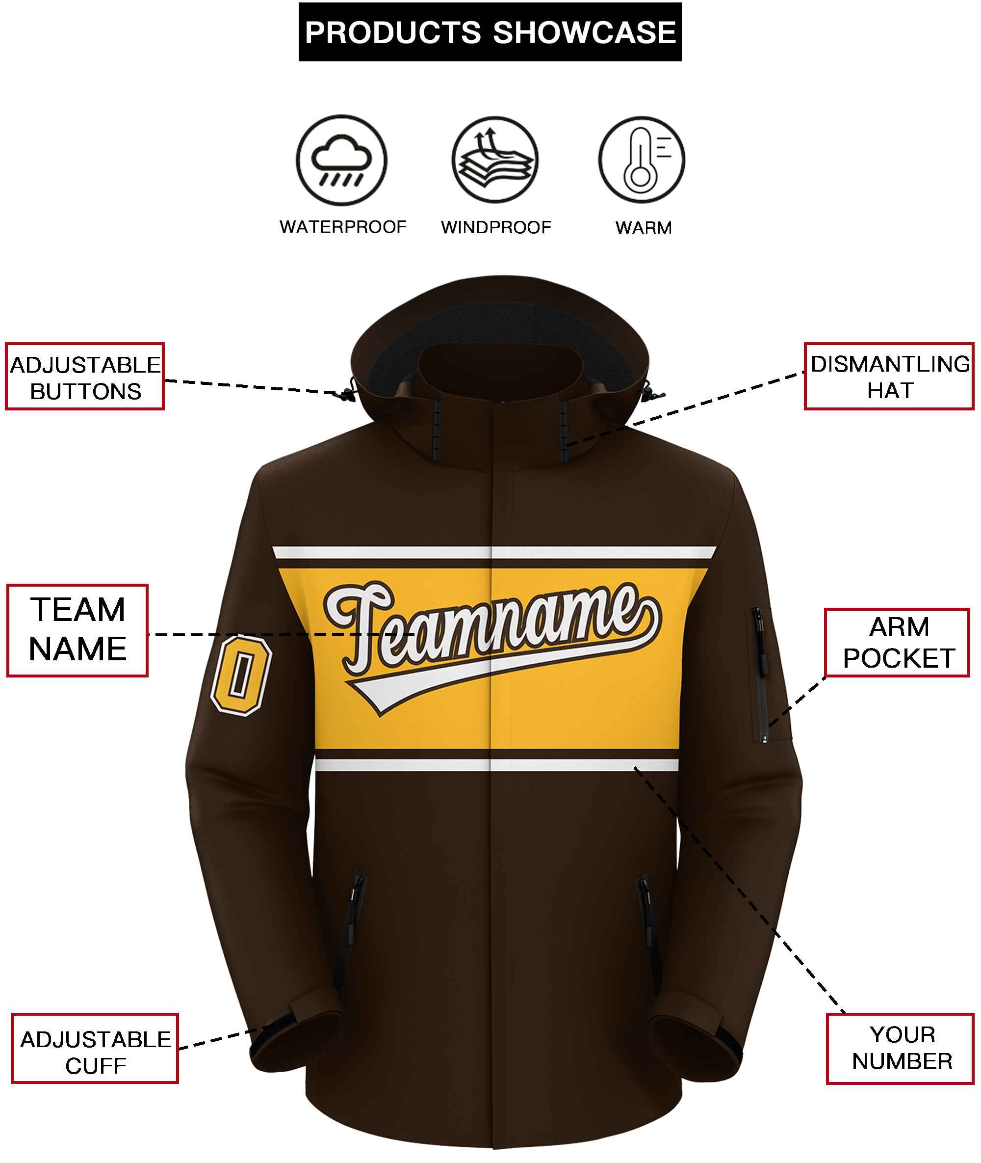 Custom Brown White-Gold Color Block Personalized Outdoor Hooded Waterproof Jacket