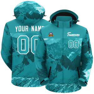 Custom Aqua White Snow Mountain Graffiti Pattern Personalized Outdoor Hooded Waterproof Jacket