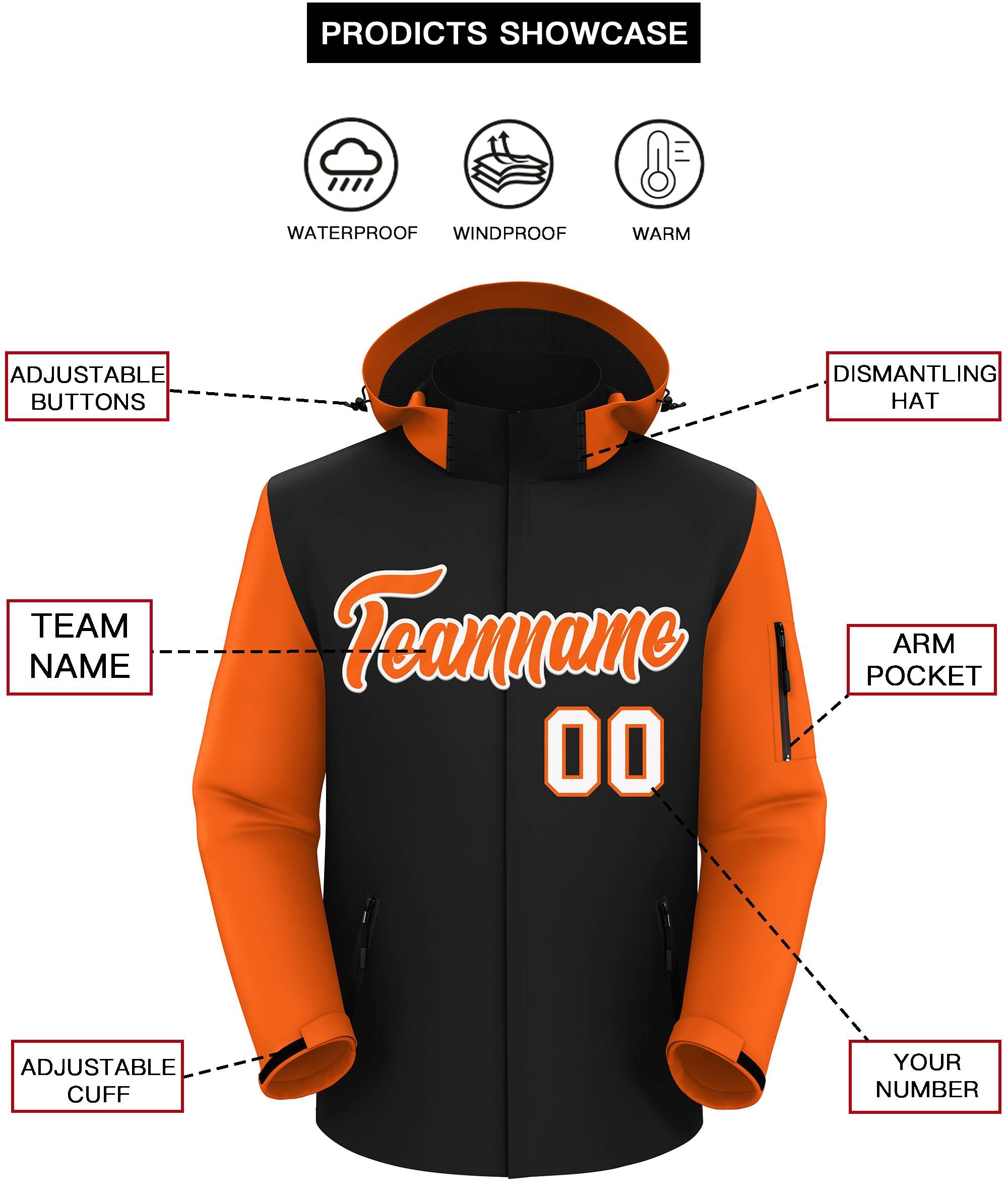 Veste imperméable personnalisée à manches raglan noir orange-blanc