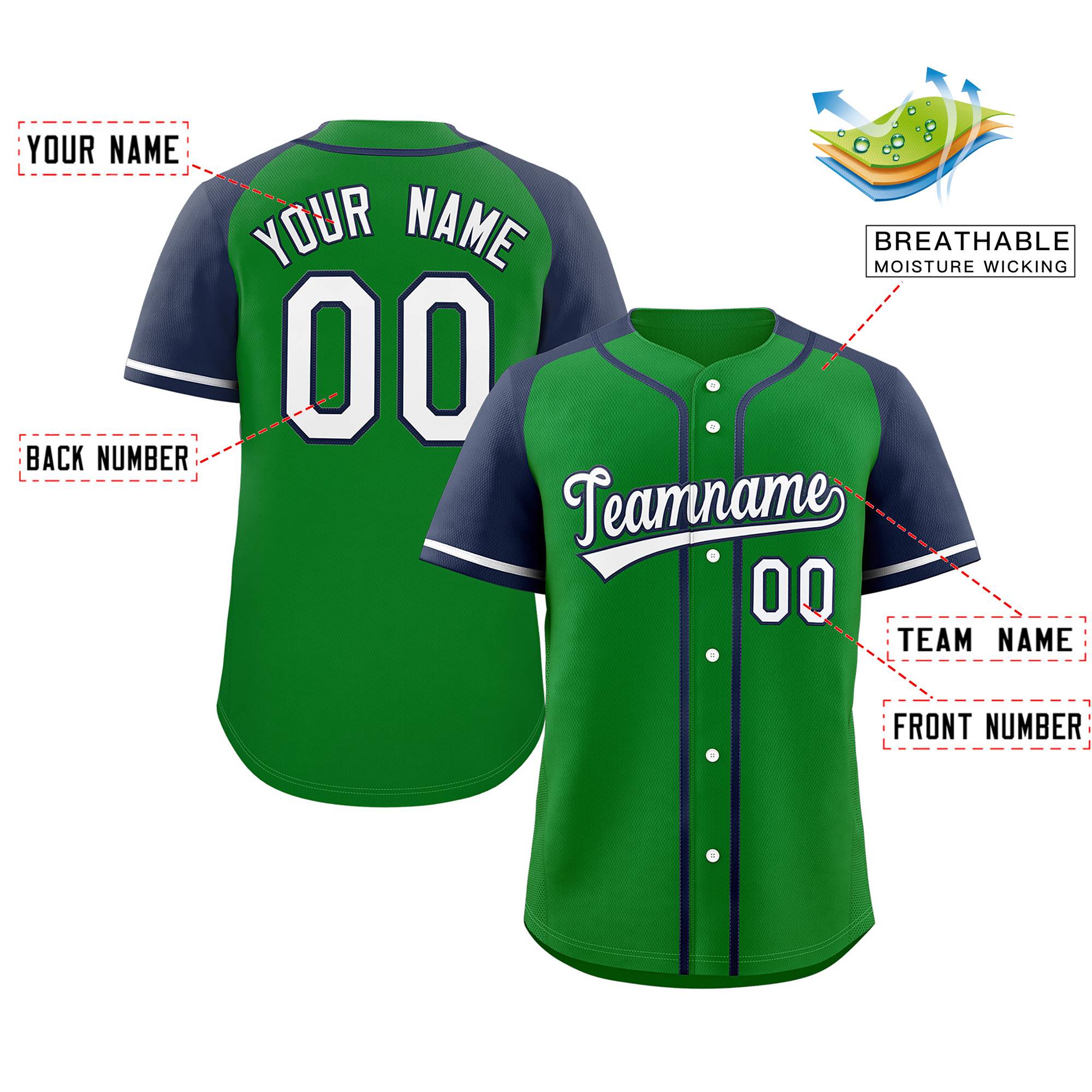 Custom Green White-Navy Raglan Sleeves Authentic Baseball Jersey