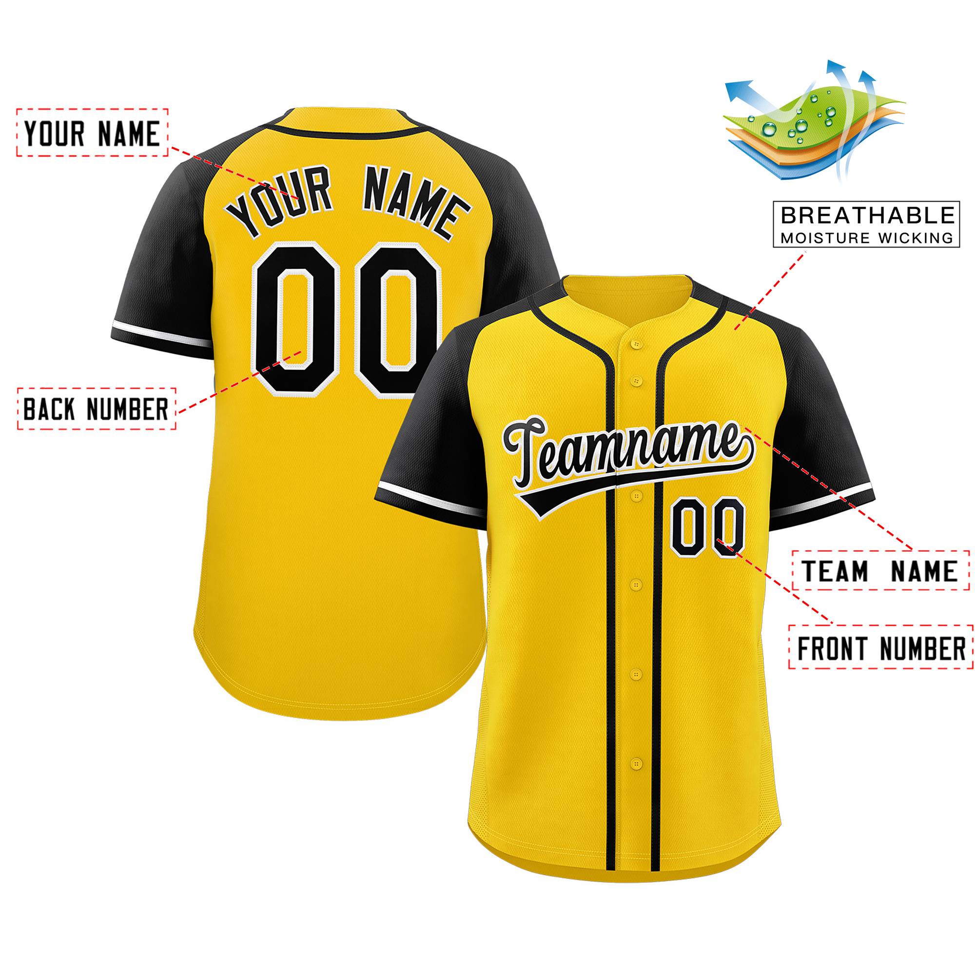 Maillots de baseball authentiques personnalisés à manches Raglan jaune noir-blanc