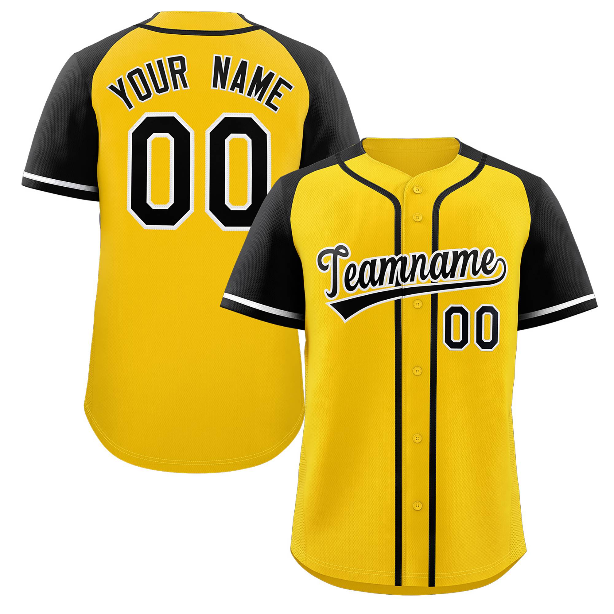 Maillots de baseball authentiques personnalisés à manches Raglan jaune noir-blanc