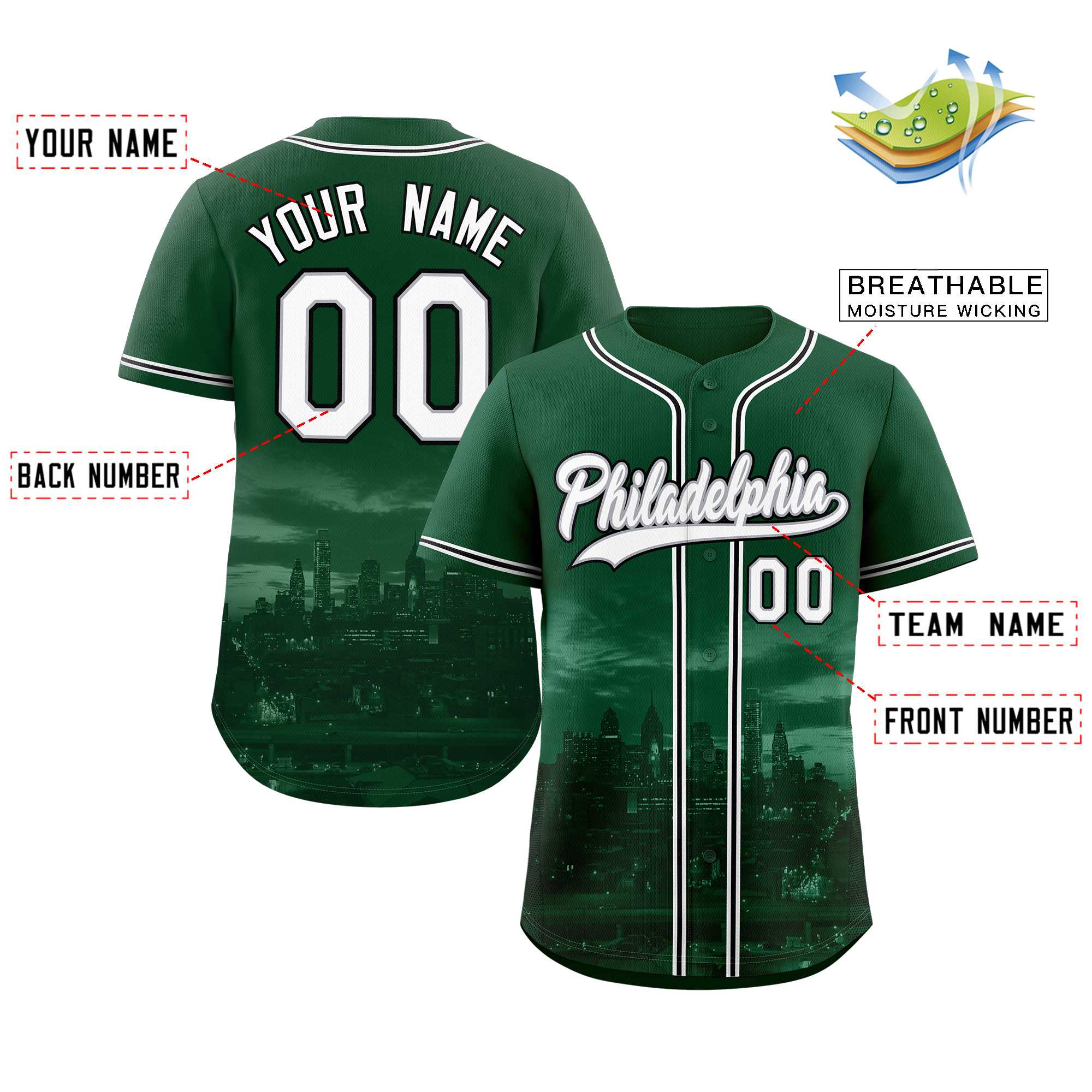 Maillot de baseball personnalisé vert blanc-gris Philadelphia City Connect