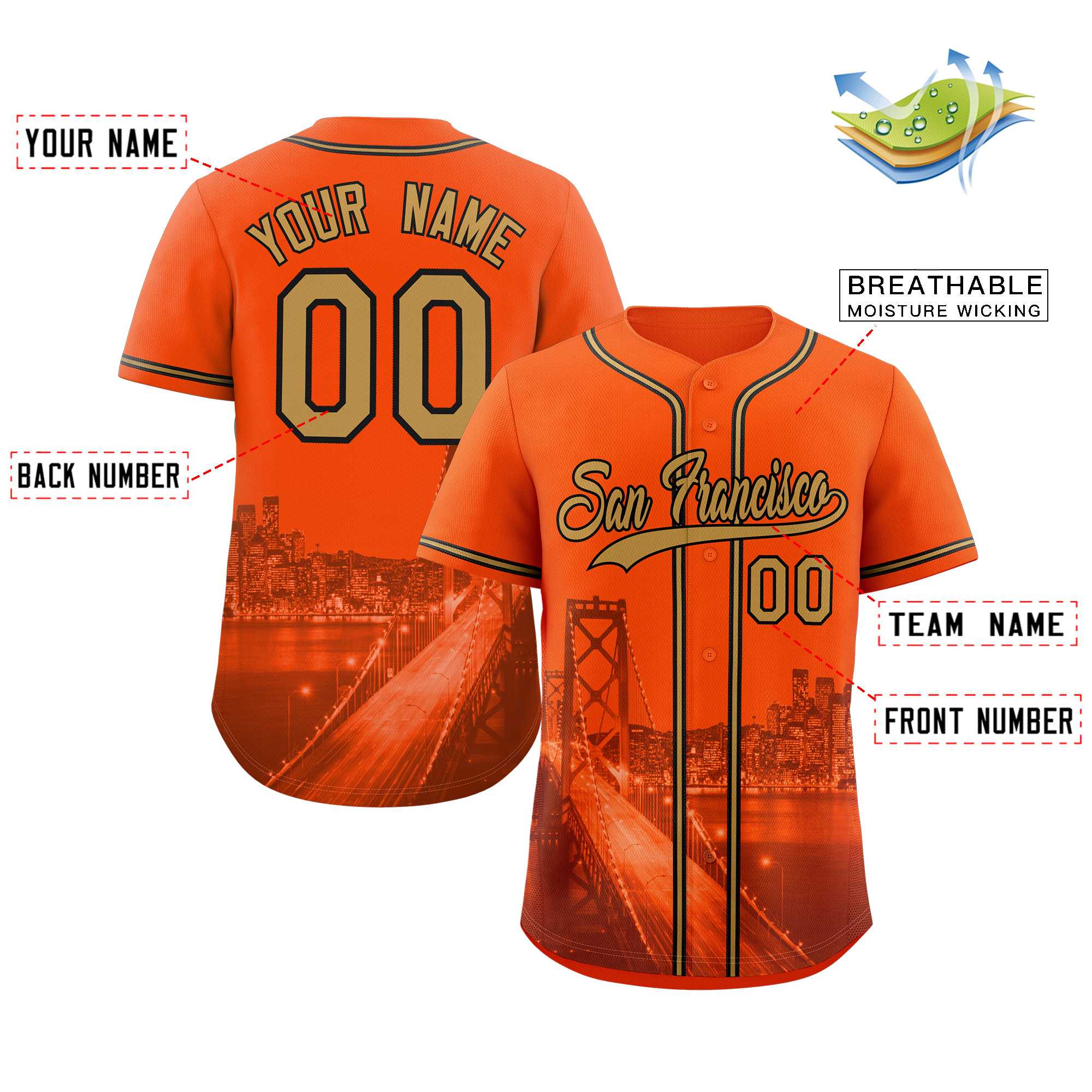 Maillot de baseball personnalisé orange vieux or-noir San Francisco City Connect