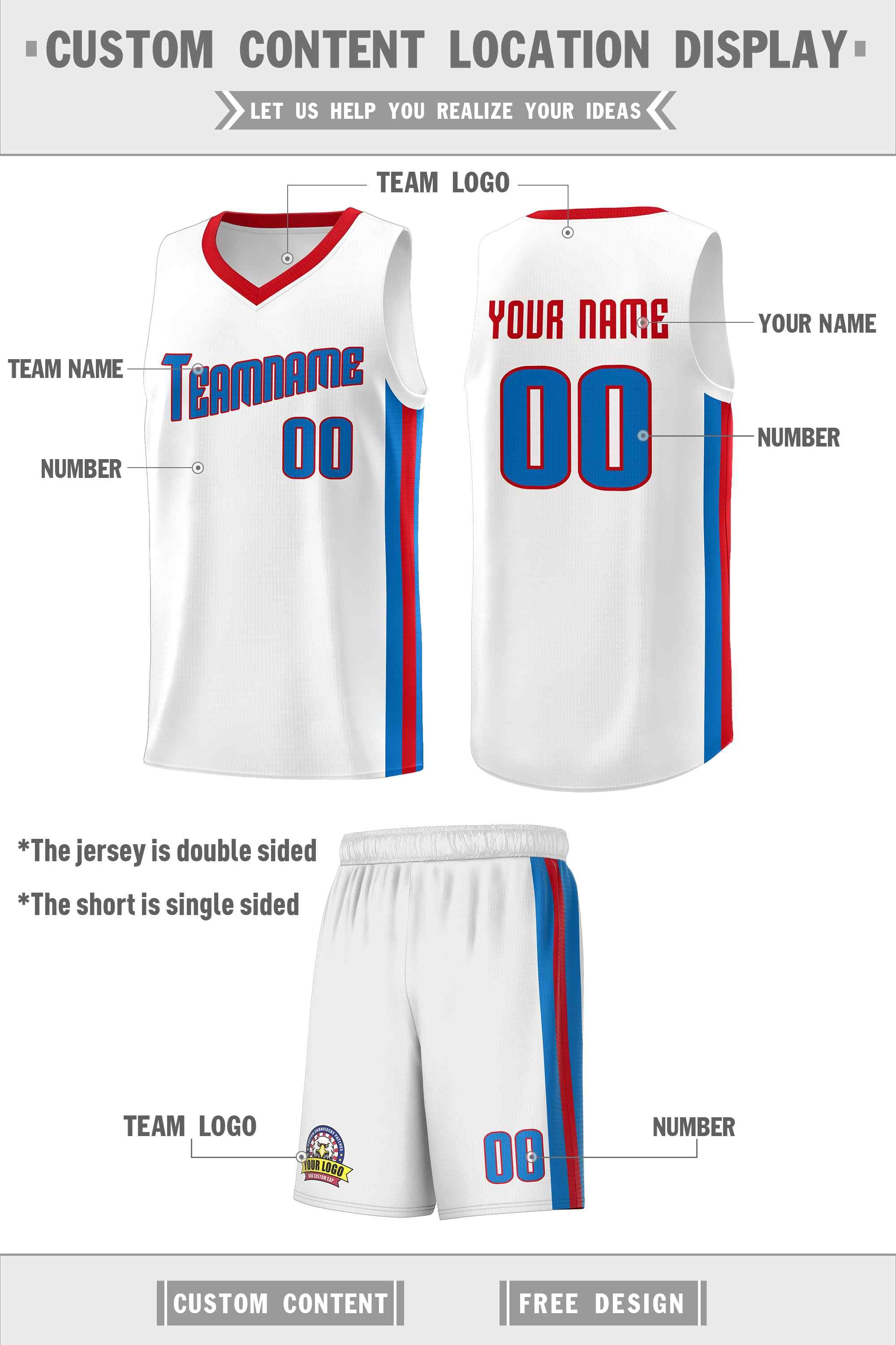 Custom White Blue-Red Classic Sets Sports Uniform Basketball Jersey