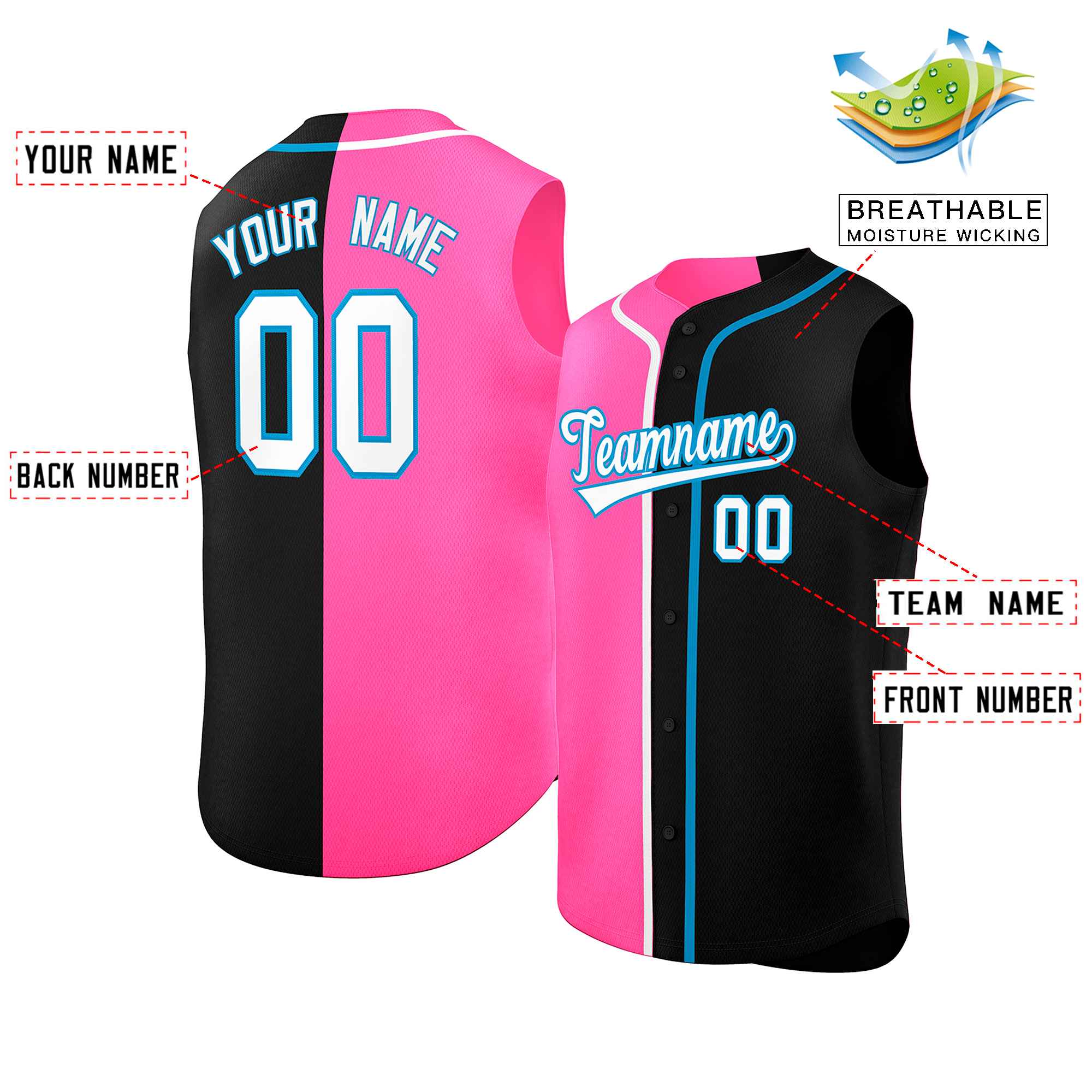 Custom Pink Black Split Fashion Design Authentic Sleeveless Baseball Jersey