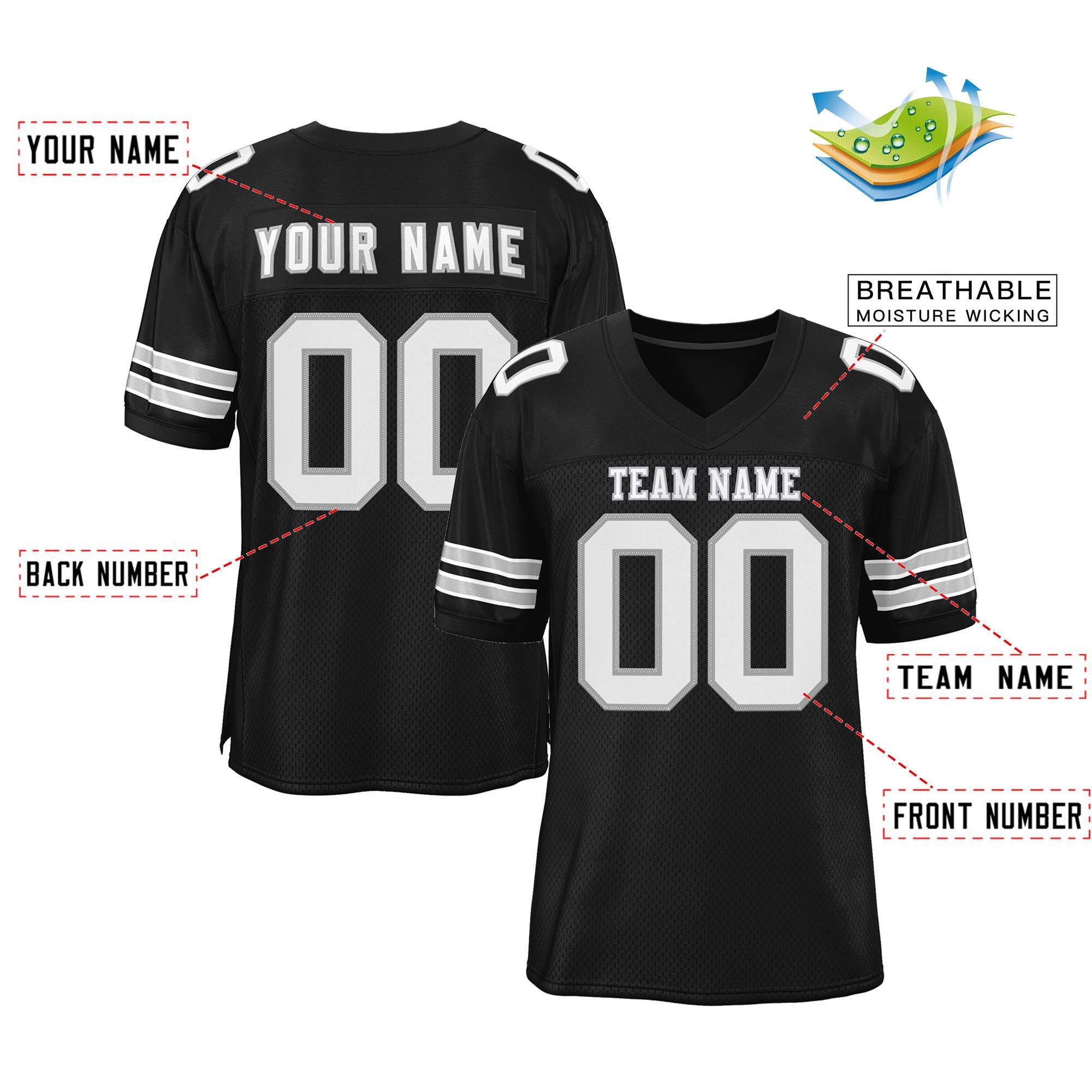 Custom Black White-Gray Classic Style Mesh Authentic Football Jersey