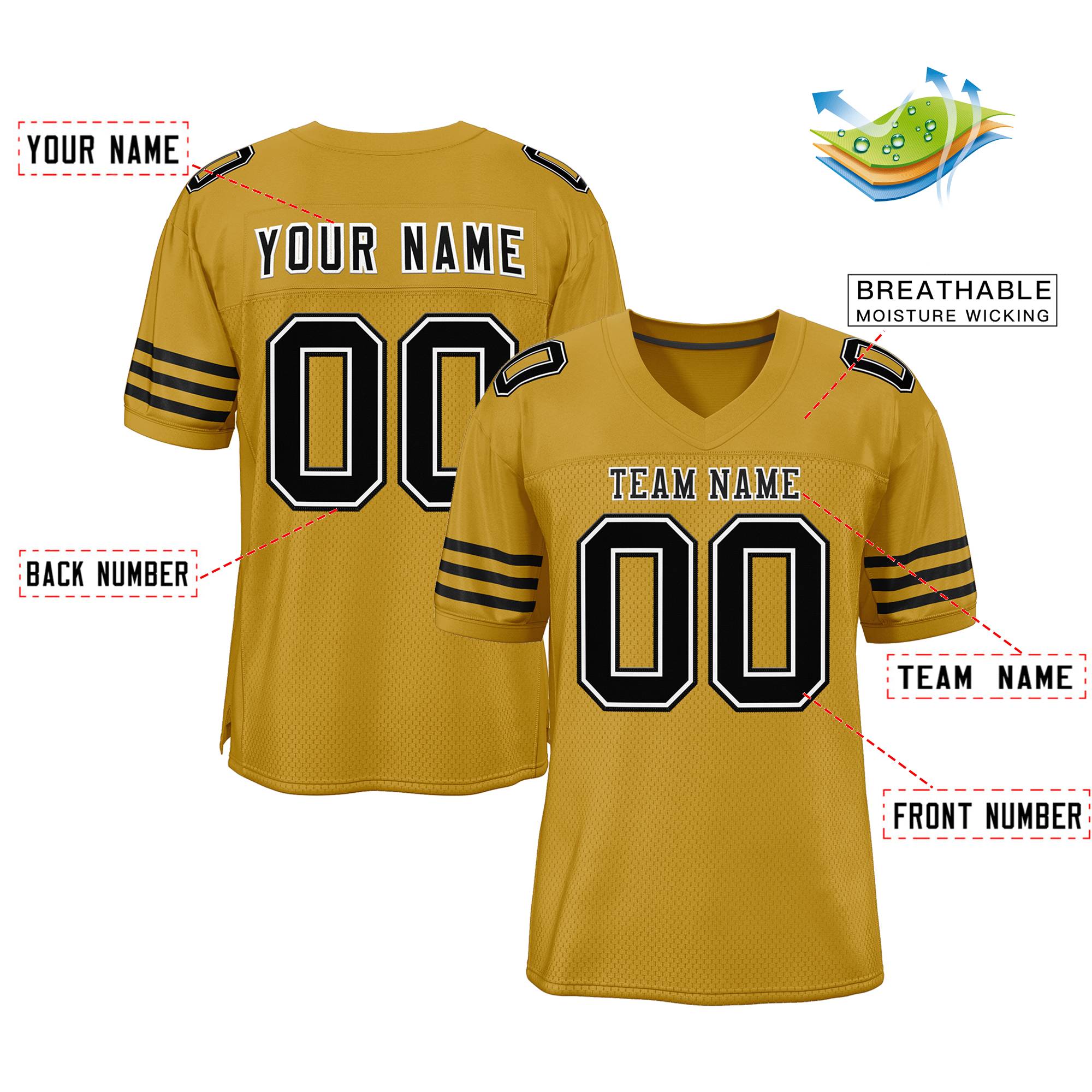 Custom Old Gold Black-Black Classic Style Mesh Authentic Football Jersey