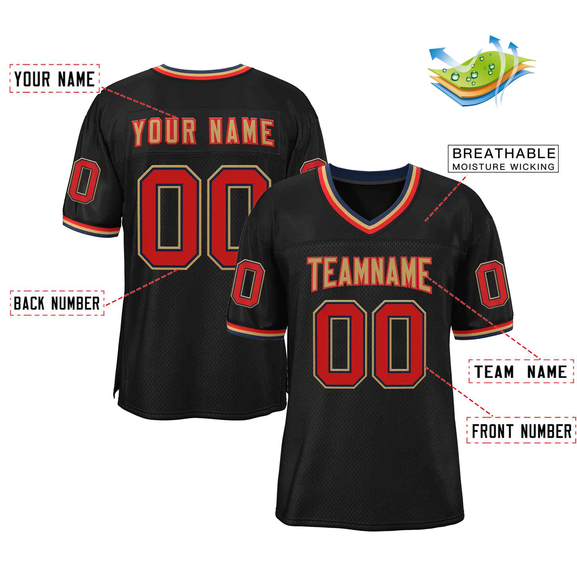 Custom Black Old Gold-Red Classic Style Authentic Football Jersey