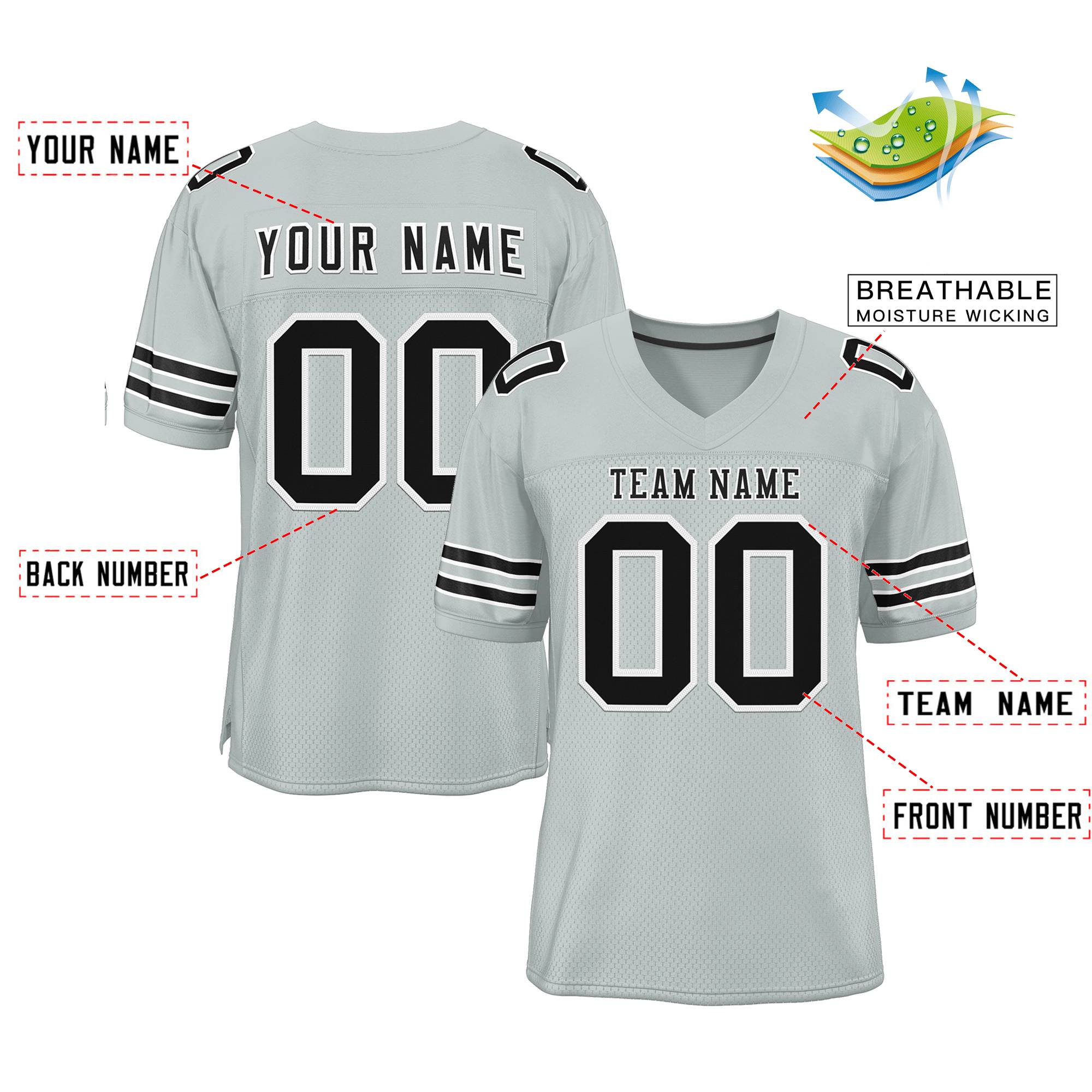 Custom Silver Black-Gray Classic Style Mesh Authentic Football Jersey