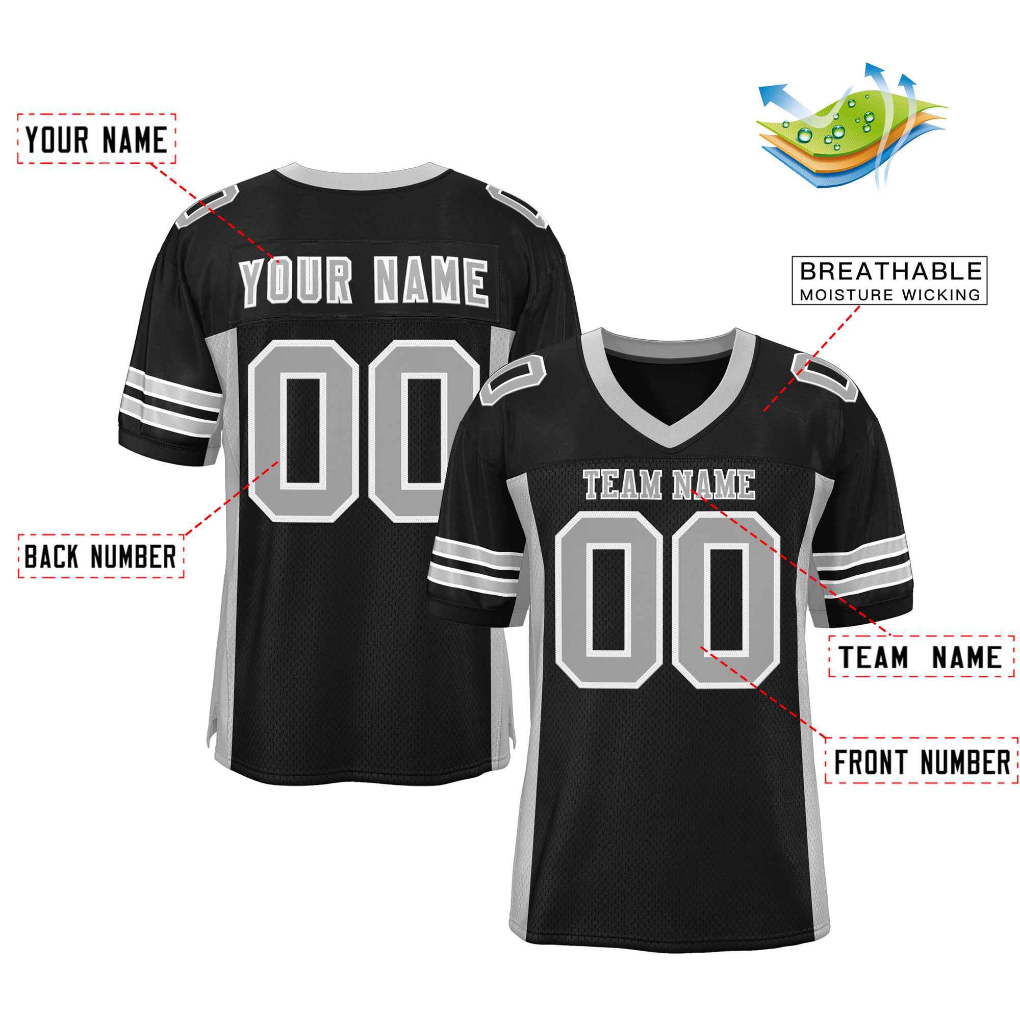 Custom Black Light Gray Insert Color Design Mesh Authentic Football Jersey