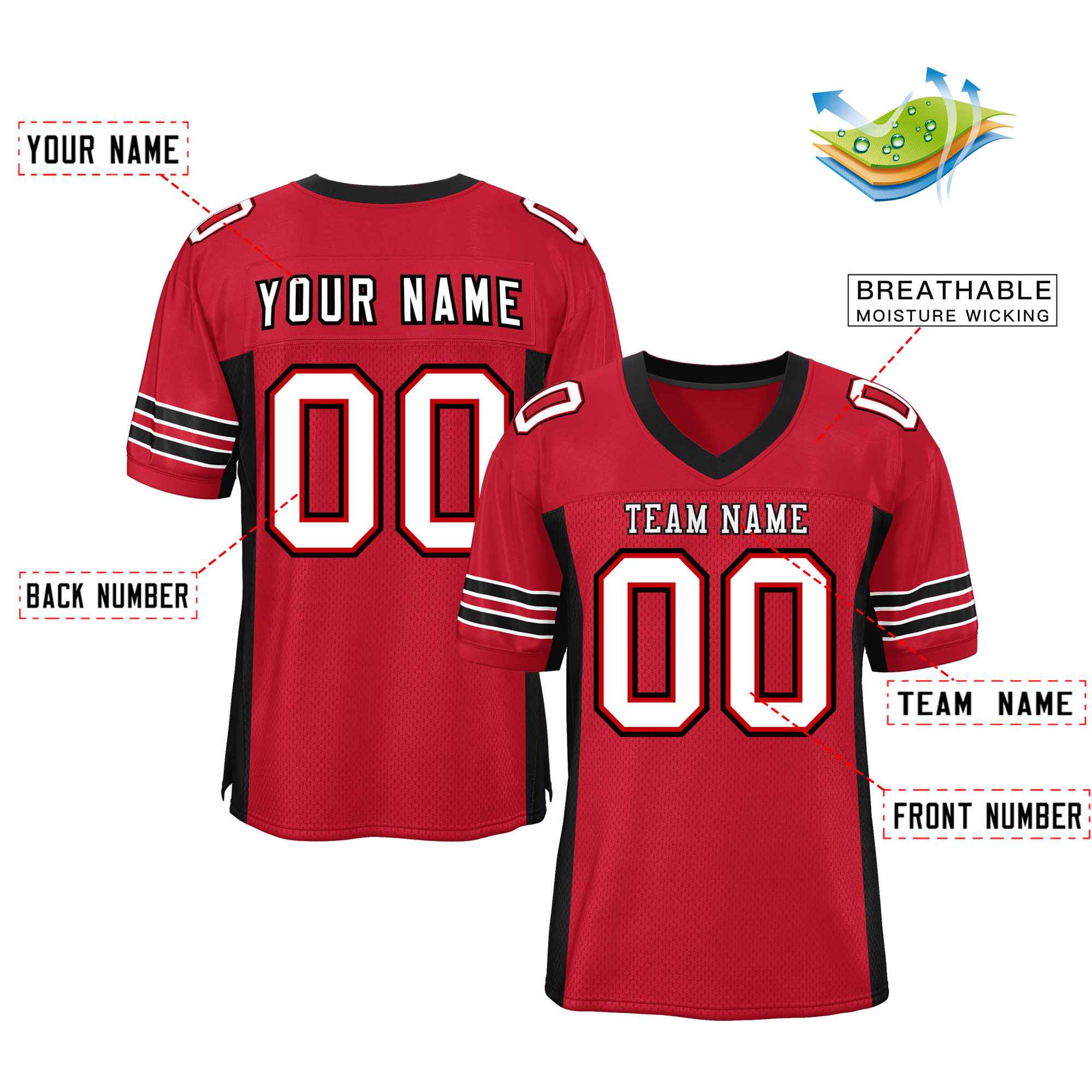 Custom Red Black Insert Color Design Mesh Authentic Football Jersey