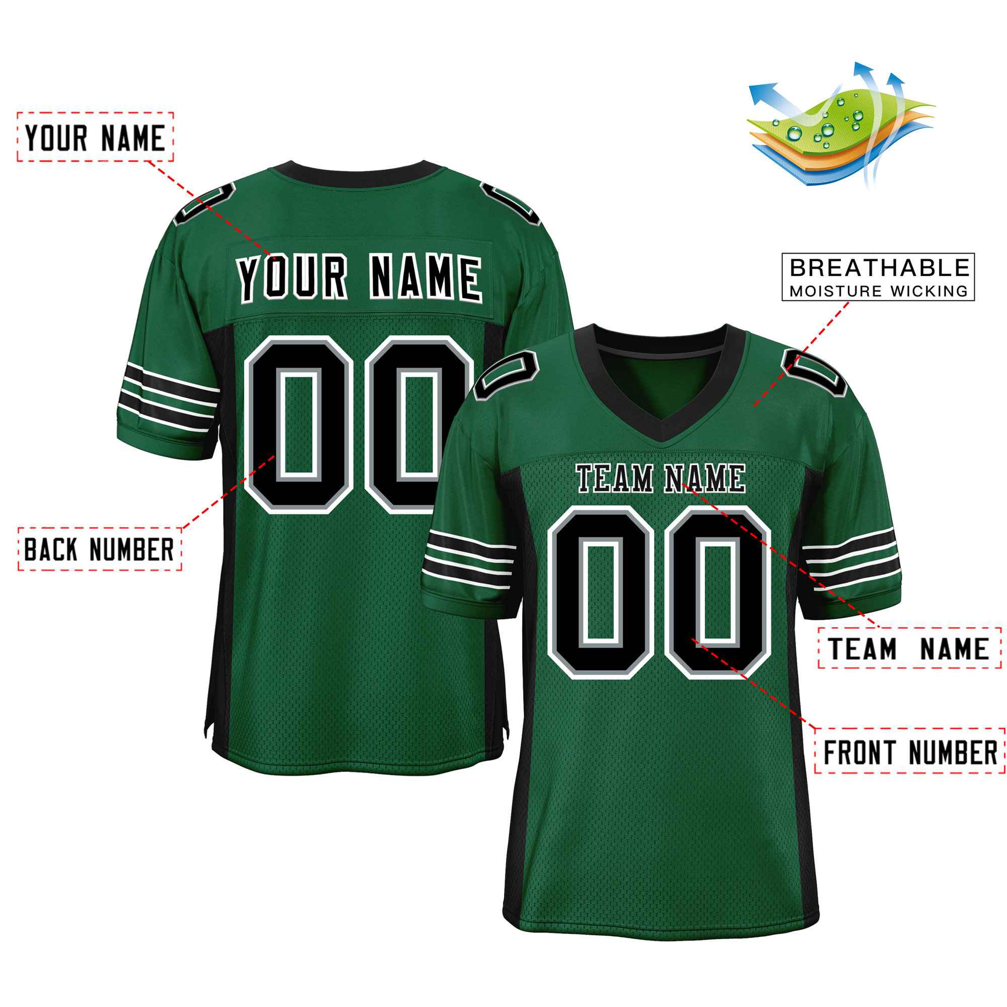 Custom Green Black Insert Color Design Mesh Authentic Football Jersey