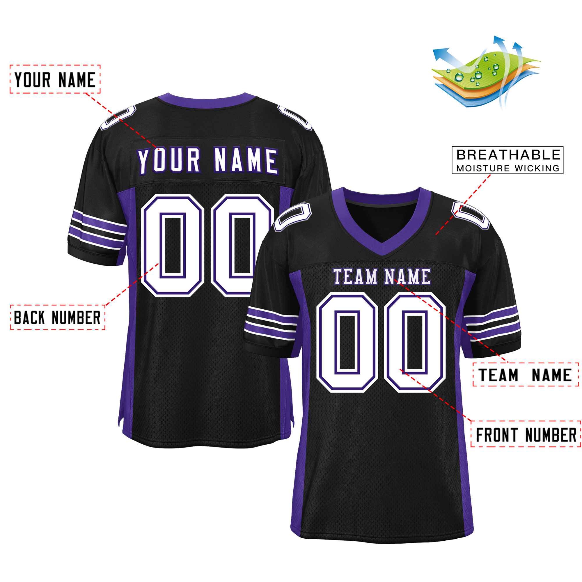 Custom Black Purple Insert Color Design Mesh Authentic Football Jersey