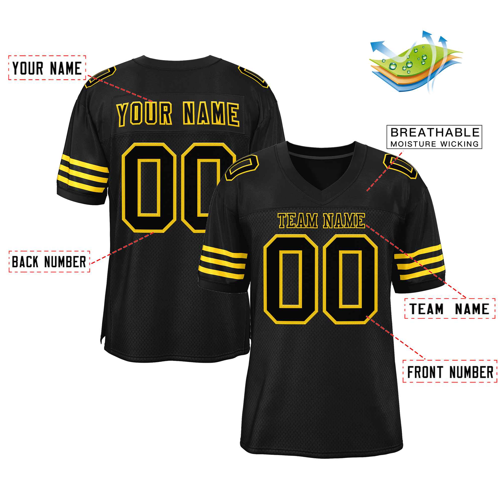 Custom Black Black-Gold Classic Style Authentic Football Jersey