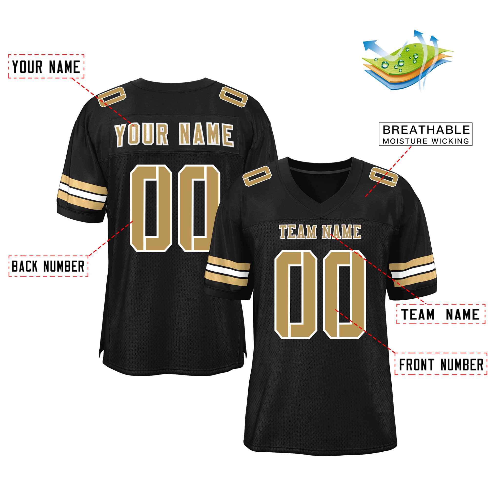 Custom Black Old Gold-White Classic Style Mesh Authentic Football Jersey