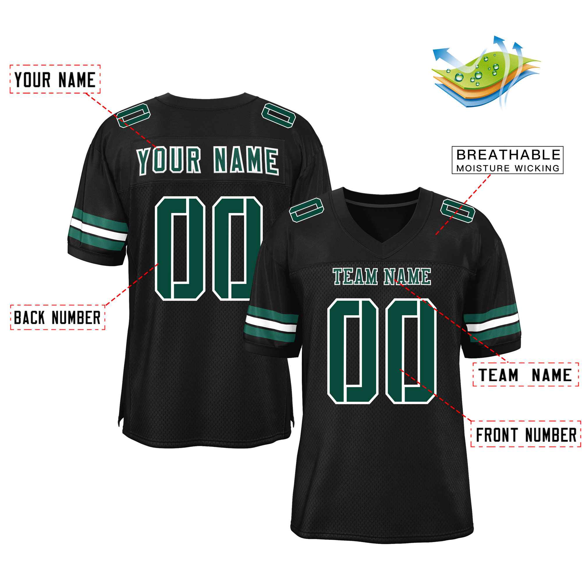 Custom Black Midnight Green-White Classic Style Mesh Authentic Football Jersey