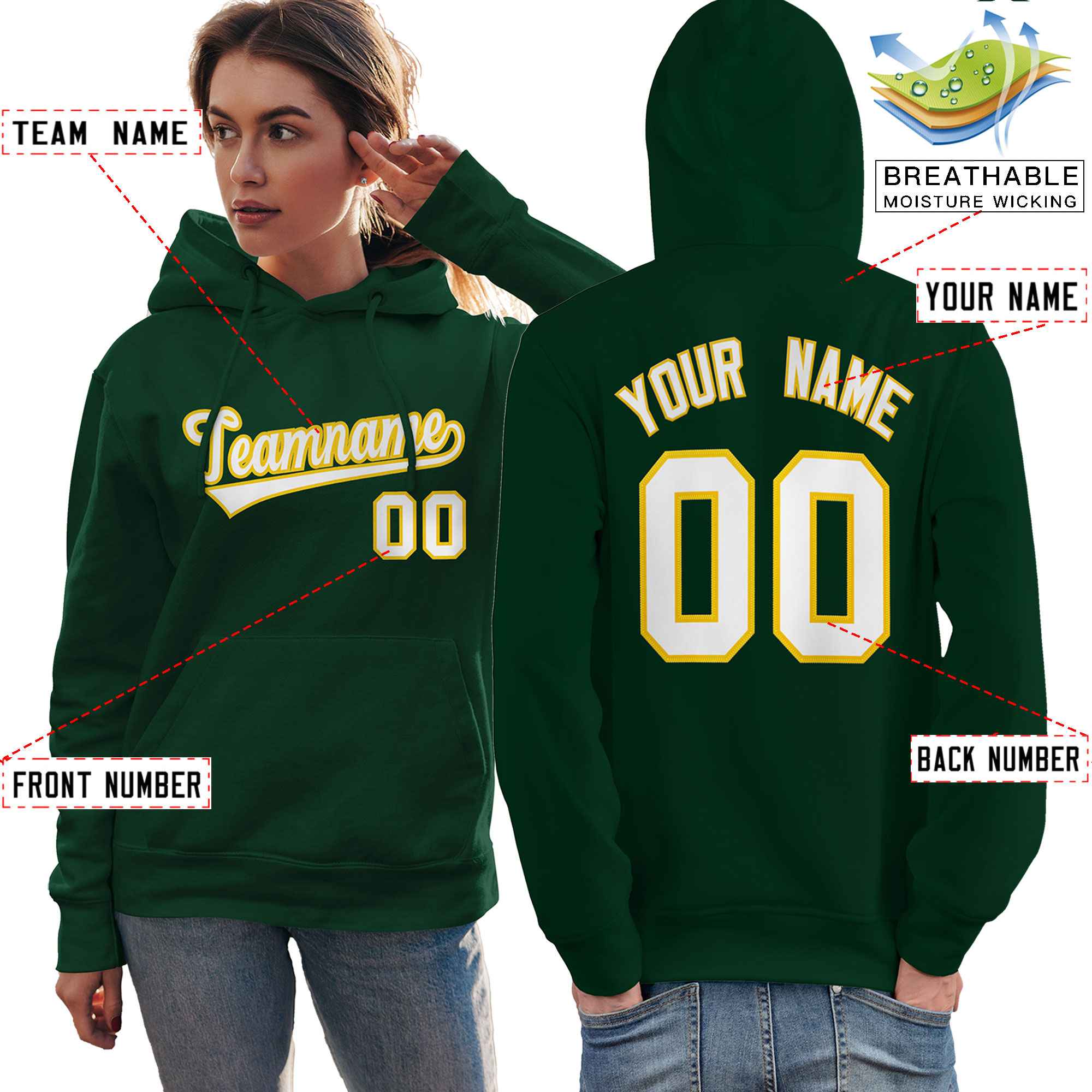 Custom Kelly Green White-Gold Classic Style Personalized Sport Pullover Hoodie