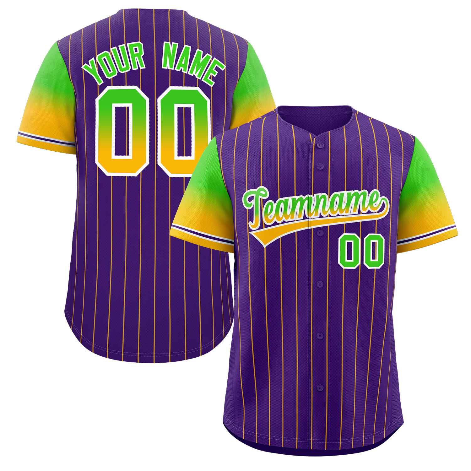 Maillot de Baseball personnalisé violet néon vert or-blanc à rayures, dégradé de police, mode authentique