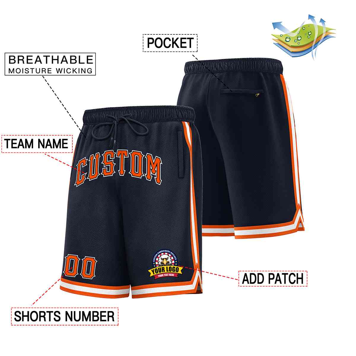 Custom Navy Orange-White Classic Style Basketball Mesh Shorts