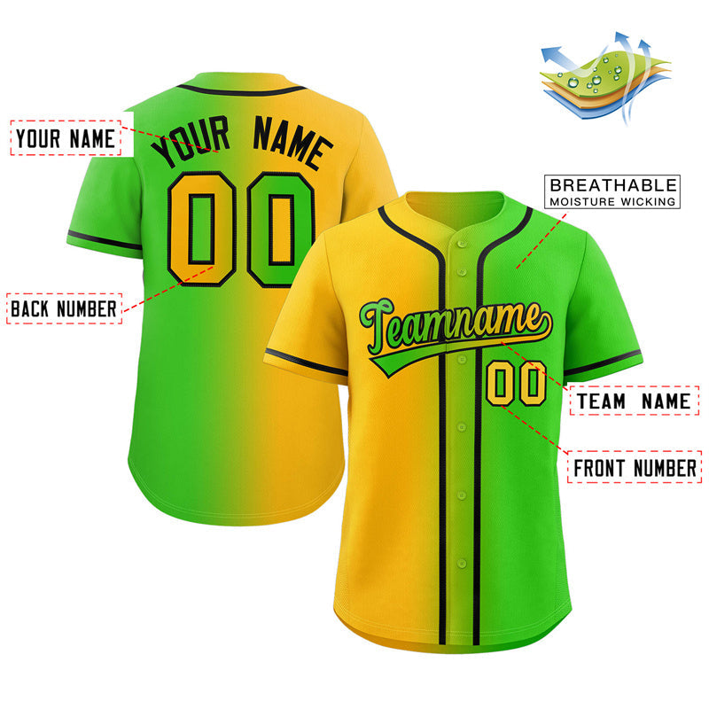 Maillot de baseball personnalisé, vert néon, jaune-noir, dégradé, mode authentique