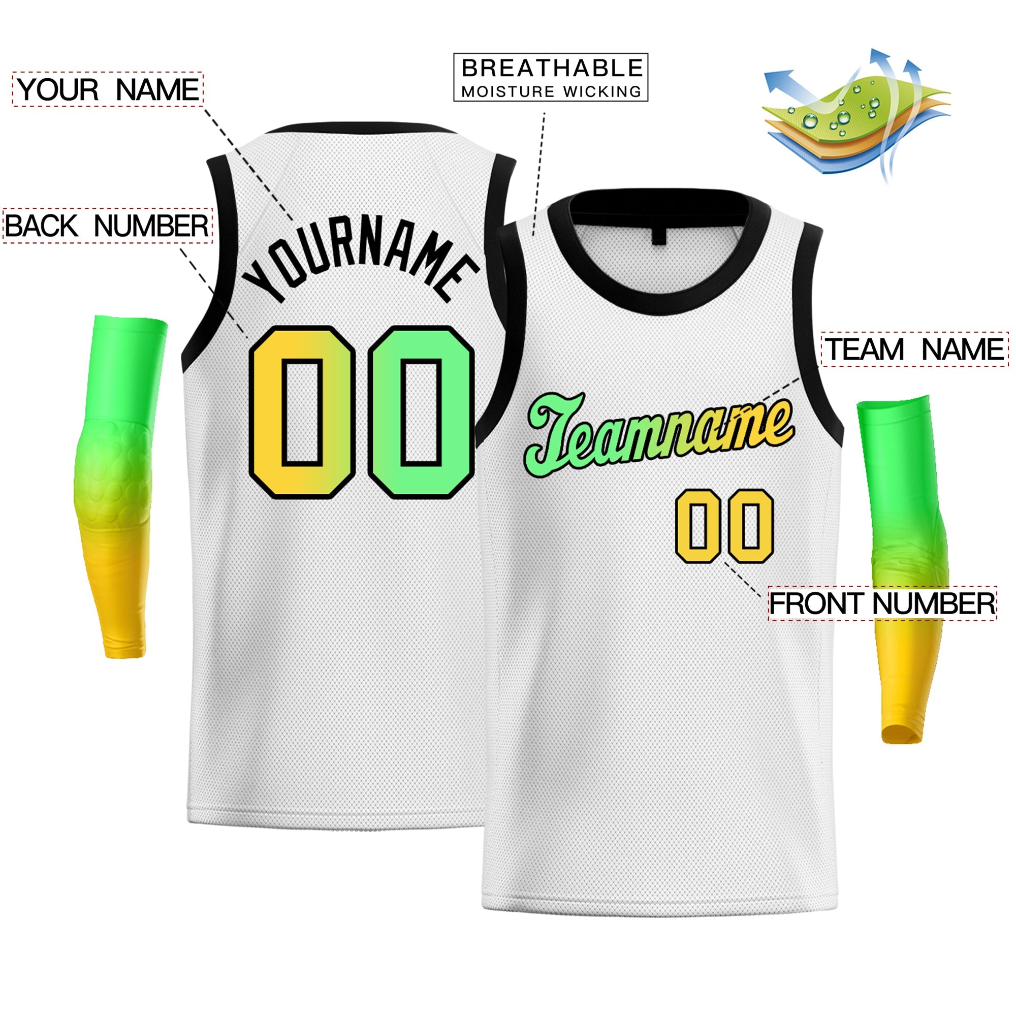 Maillot de basket-ball personnalisé, blanc, jaune, vert-noir, dégradé, hauts à la mode