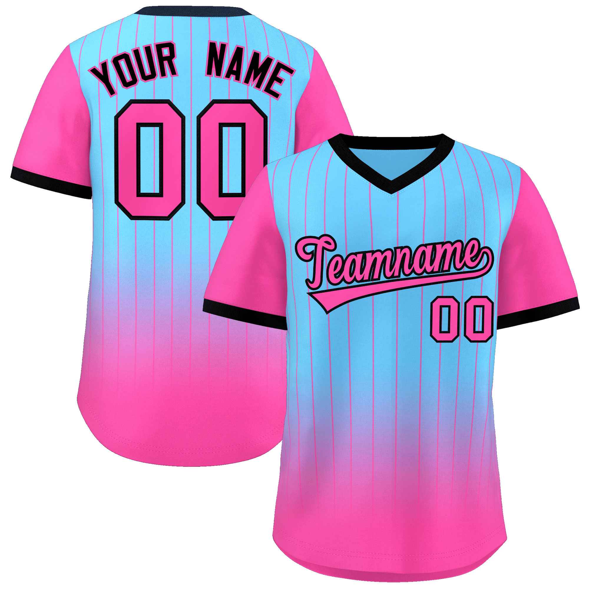 Custom Light Blue Pink-Black Gradient Fashion Authentic Pullover Pinstripe Baseball Jersey