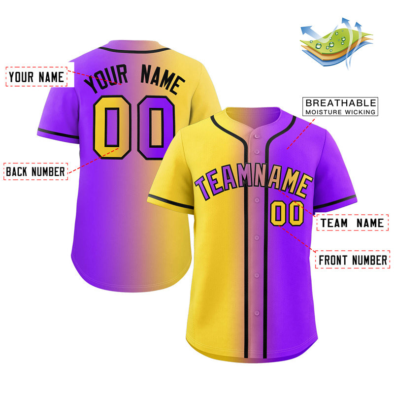 Maillot de baseball authentique à la mode dégradé violet jaune-noir personnalisé