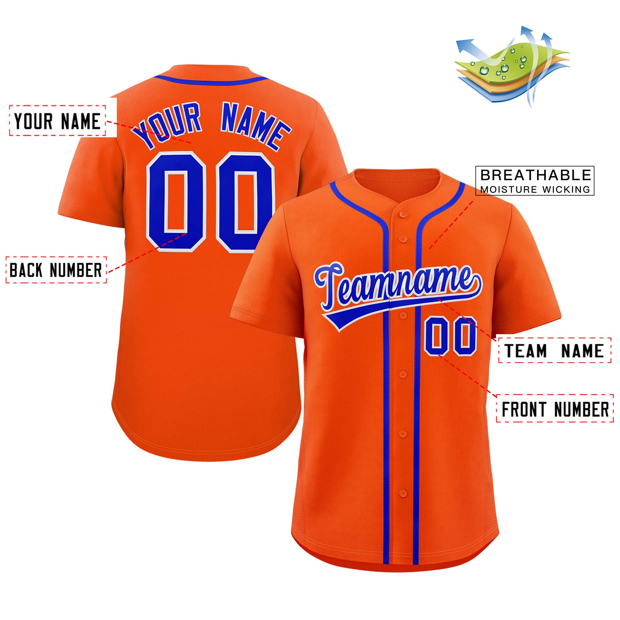 Maillot de baseball authentique de style classique orange royal-blanc personnalisé