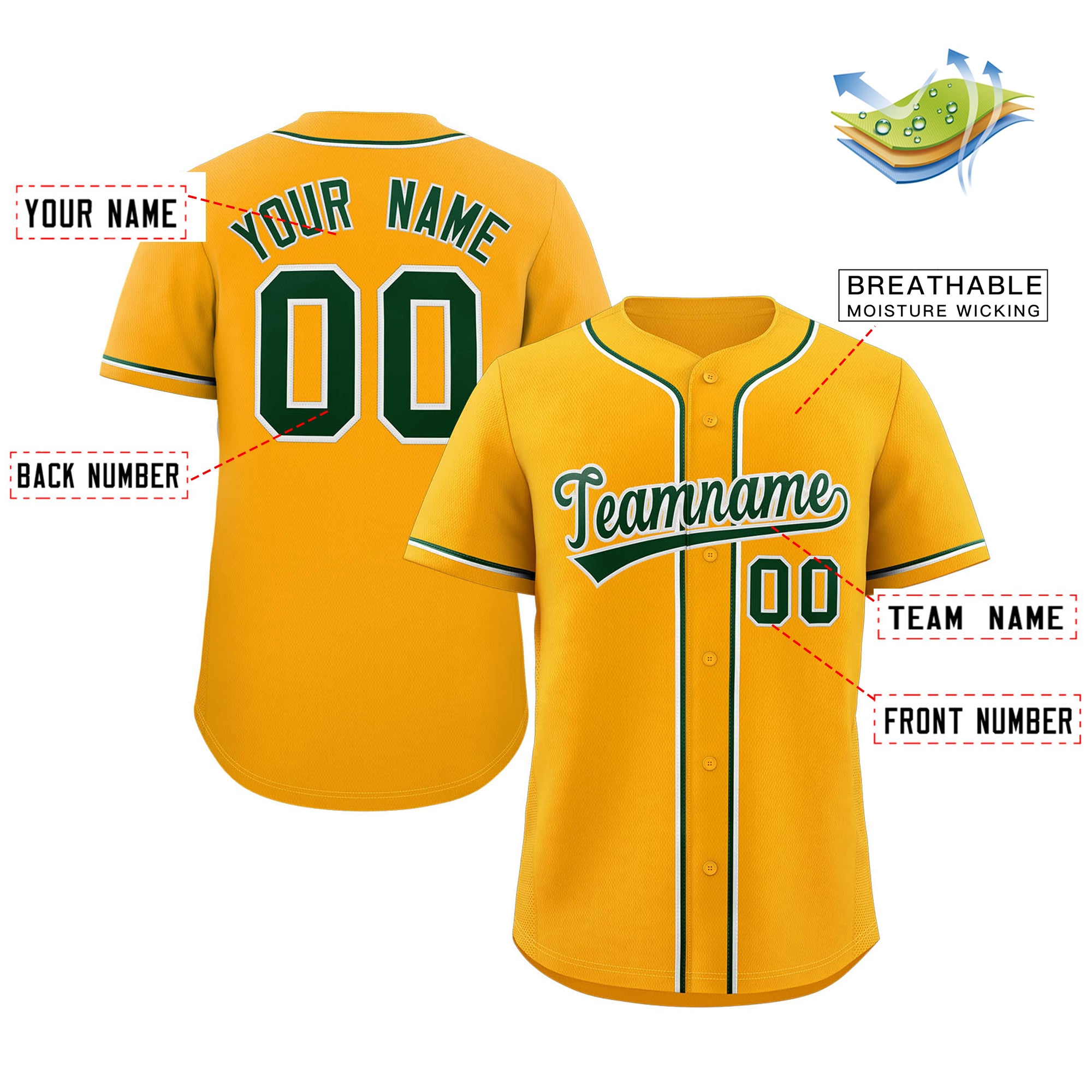 Maillot de baseball authentique de style classique jaune vert-blanc personnalisé