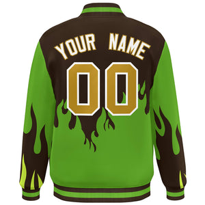 Custom Brown Green-White Flame Graffiti Pattern Bomber Varsity Full-Snap Jacket