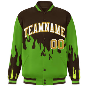 Custom Brown Green-White Flame Graffiti Pattern Bomber Varsity Full-Snap Jacket