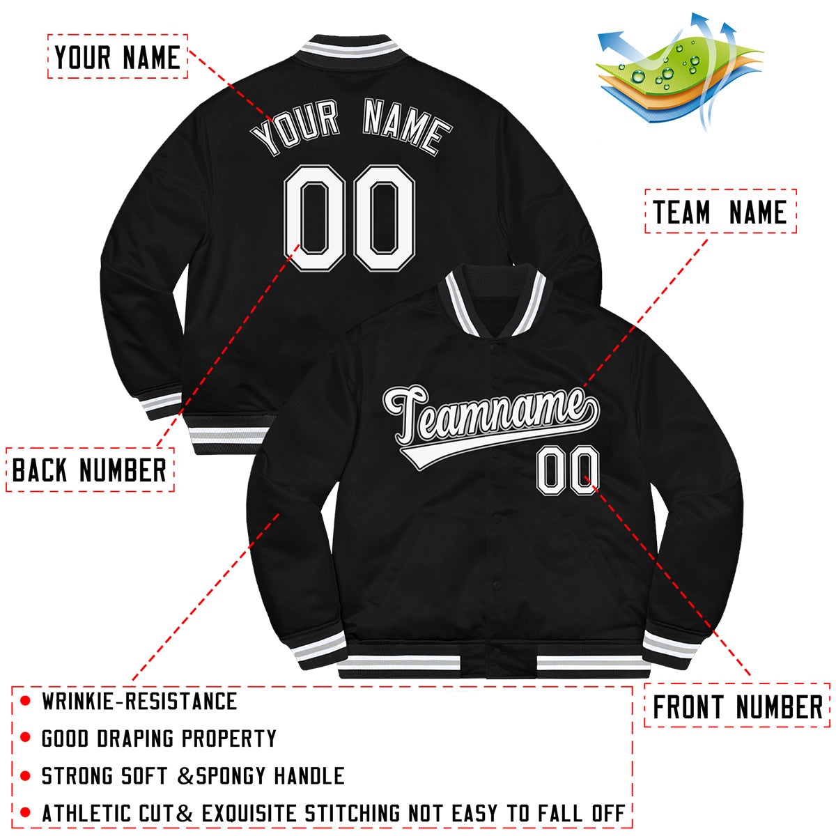 Custom Black White-Gray Letterman Solider Classic Style Varsity Full-Snap Jacket