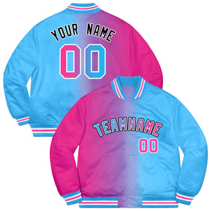 Veste Varsity Bomber Letterman à deux tons dégradé bleu poudre rose-noir personnalisée