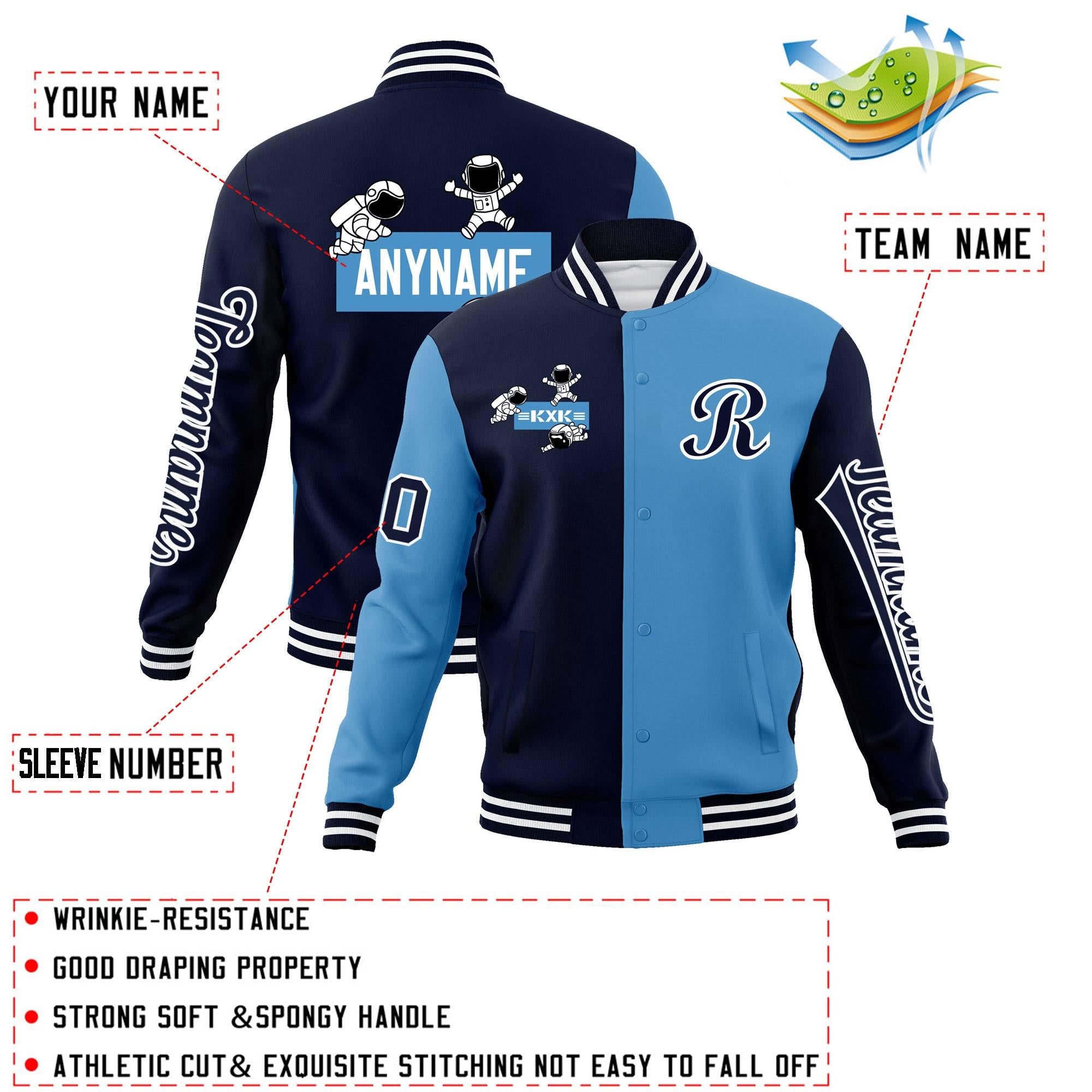 Custom Navy Light Blue Two Tone Split Fashion Varsity Letterman Jacket with Raglan Sleeves