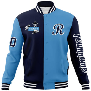 Custom Navy Light Blue Two Tone Split Fashion Varsity Letterman Jacket with Raglan Sleeves